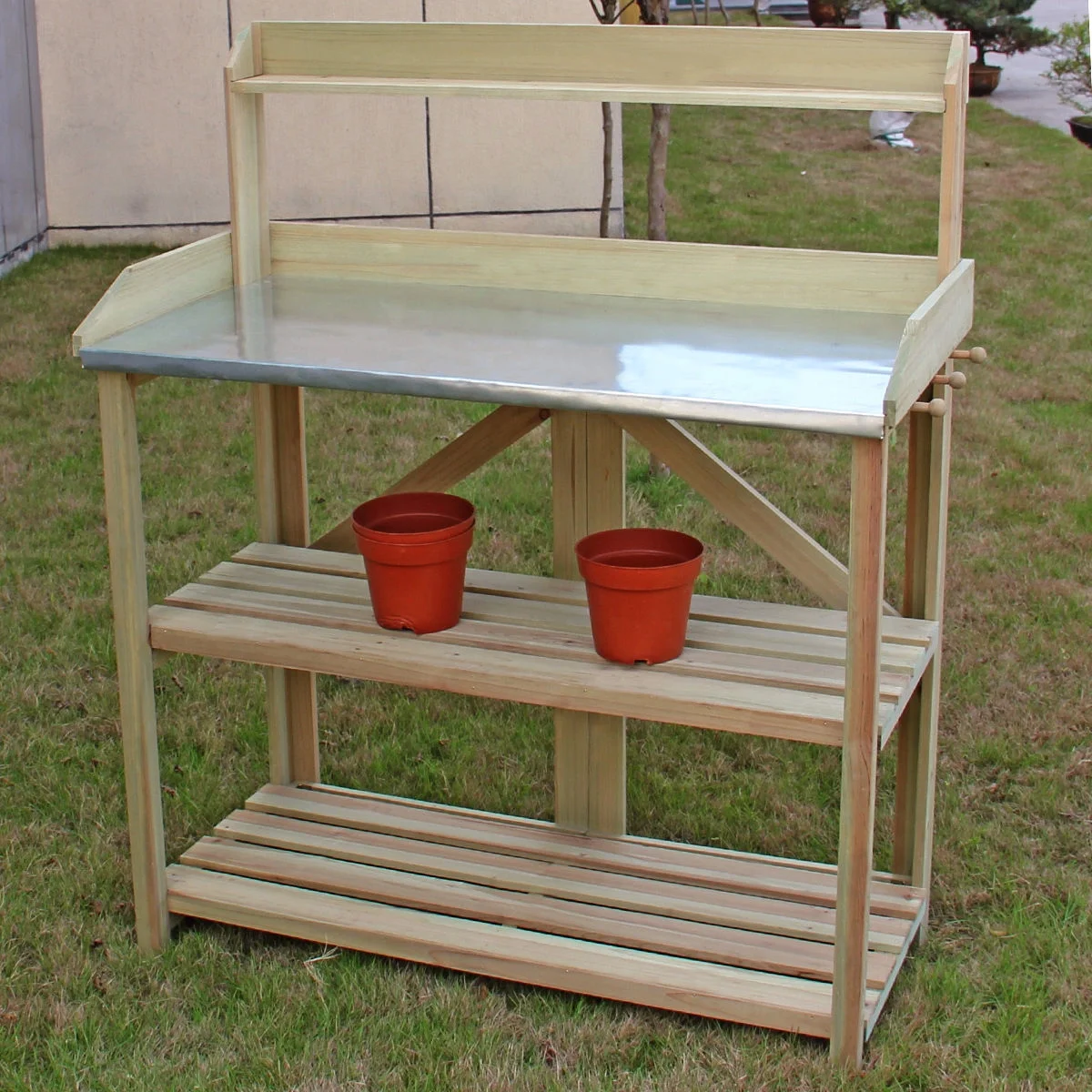 Costway Outdoor Garden Wooden Potting Work Bench Station Planting Workbench W/ 3 Shelf