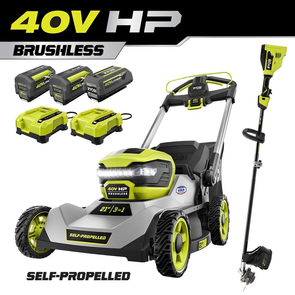40V HP Brushless 21 in Cordless Walk Behind Self Propelled Lawn Mower & Trimmer 3 Batteries/ 2 Rapid Chargers RY401140 4X
