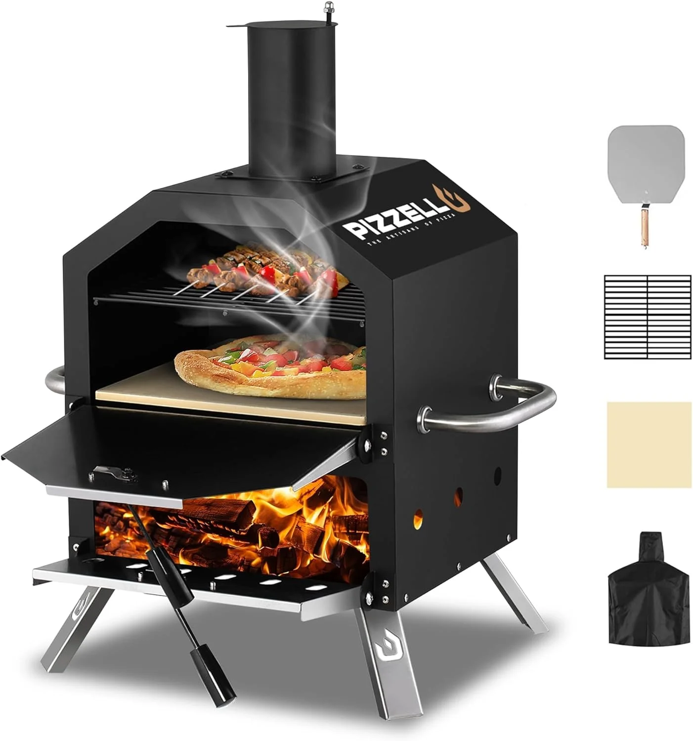 Outdoor Pizza Oven Wood Fired 2 Layer Pizza Ovens Outside Pizza Maker with Stone Pizza Peel Cover Removable Cooking Rack for Camping Backyard BBQ Black
