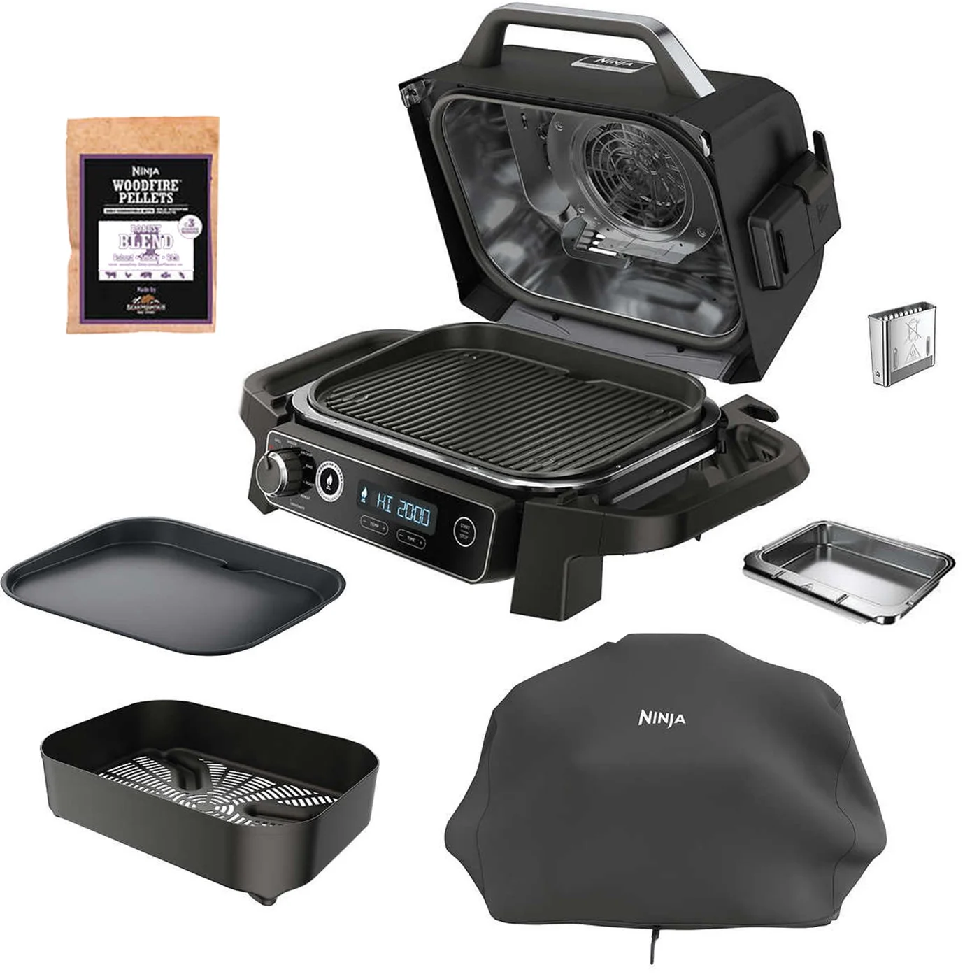 Restored Ninja OG701 Woodfire Outdoor Grill & Smoker 7 in 1 Master Grill BBQ Smoker and Air Fryer with Woodfire Technology Refurbished