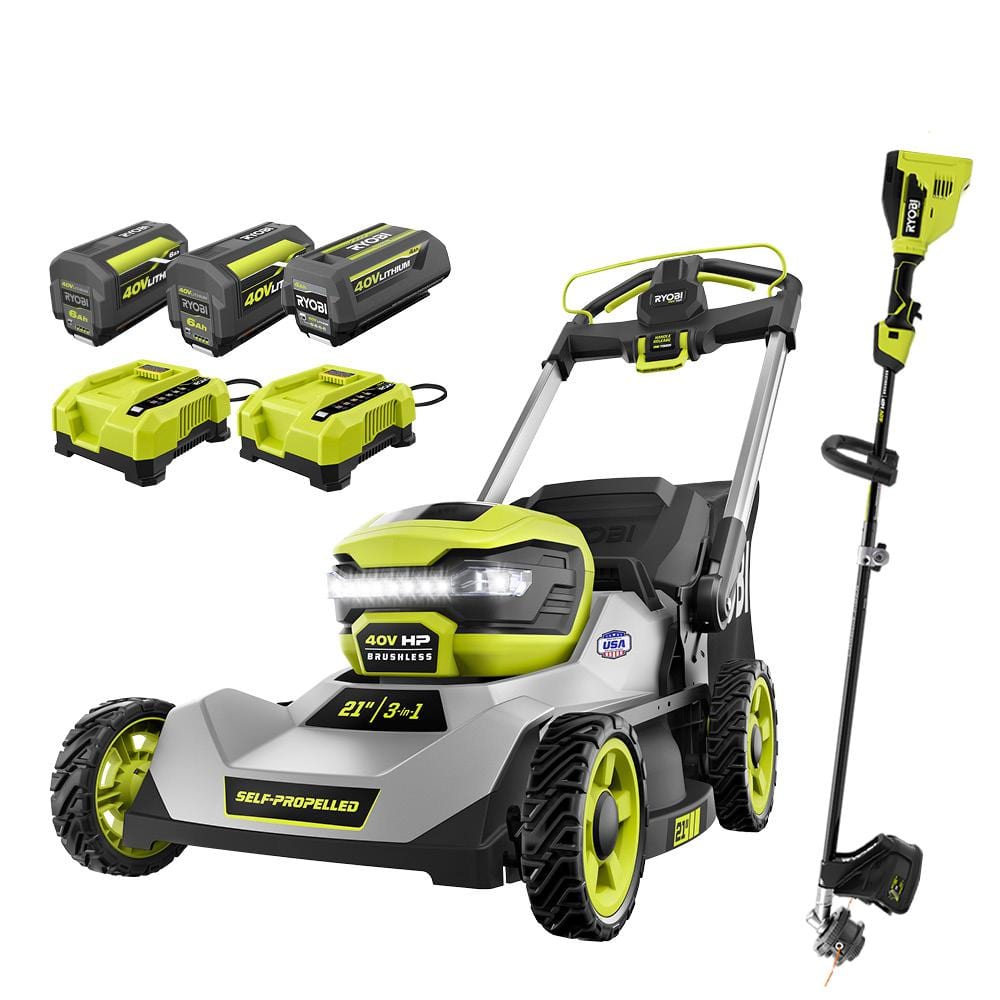 40V HP Brushless 21 in Cordless Walk Behind Self Propelled Lawn Mower & Trimmer 3 Batteries/ 2 Rapid Chargers RY401140 4X