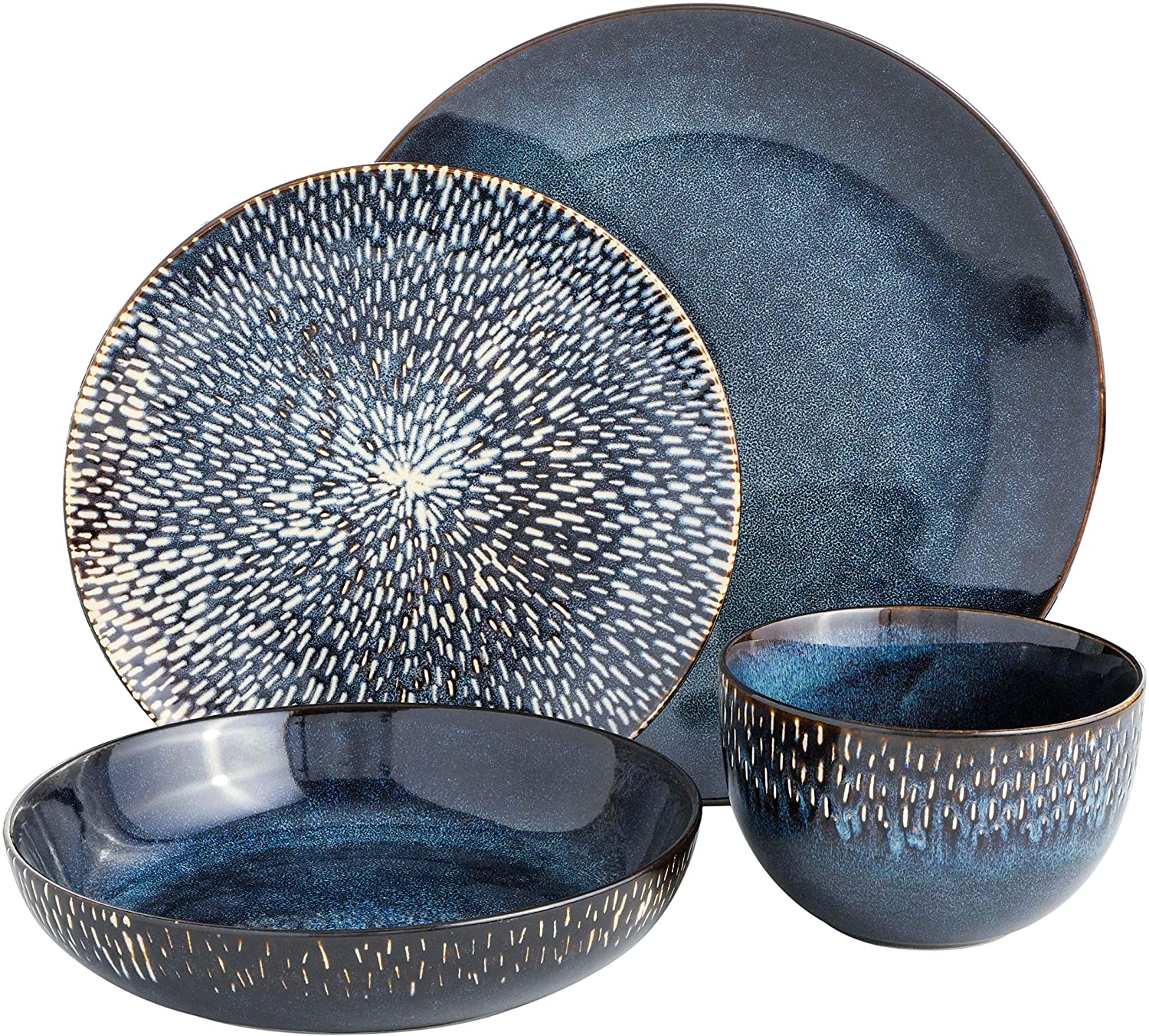 CHONGYAO Matisse 16 Piece Double Bowl Dinnerware Set, Cobalt Blue, Service for 4 (16pcs)