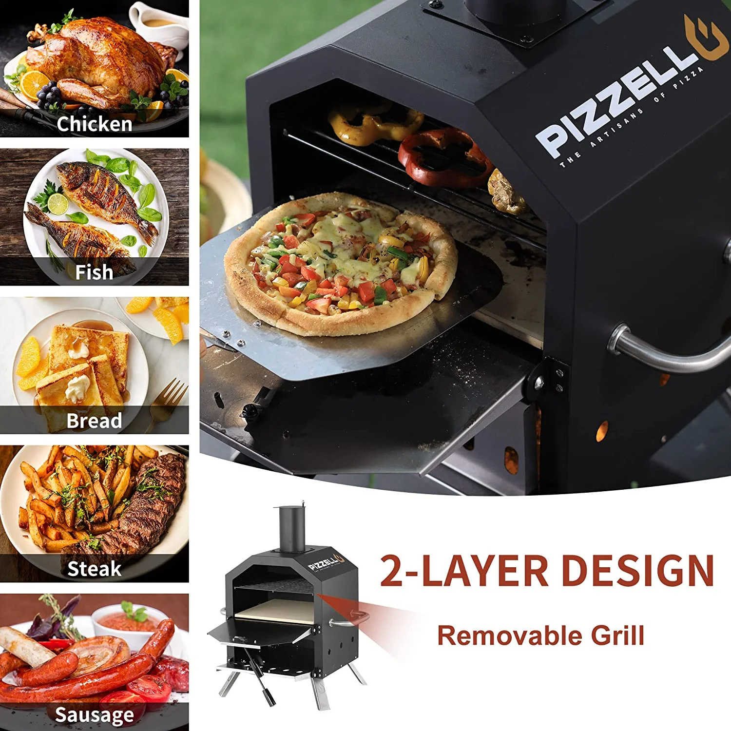 Outdoor Pizza Oven Wood Fired 2 Layer Pizza Ovens Outside Pizza Maker with Stone Pizza Peel Cover Removable Cooking Rack for Camping Backyard BBQ Black