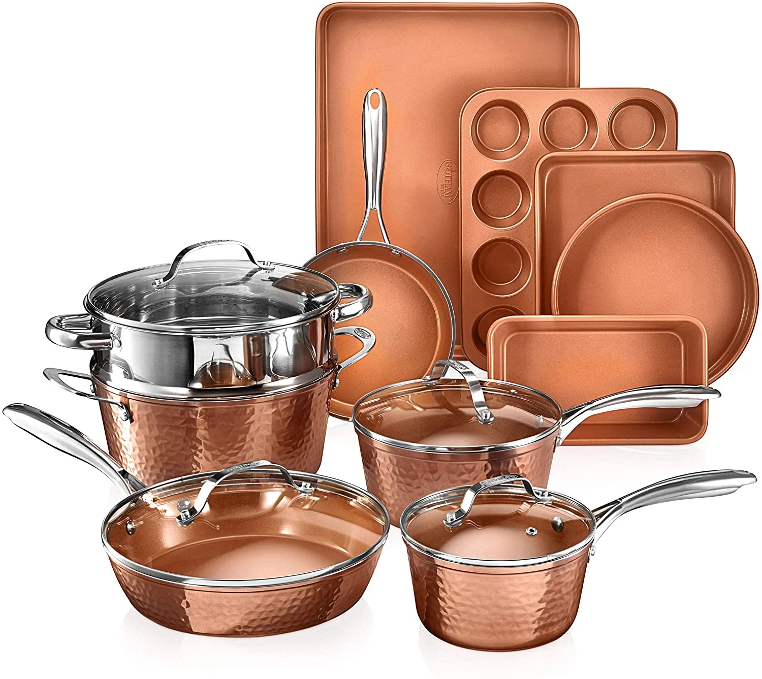 Gotham Steel Nonstick Pots and Pans 15 Pcs Kitchen Ceramic Cookware Set Bakeware Cooking Frying Skillet Sauce Pan Hammered