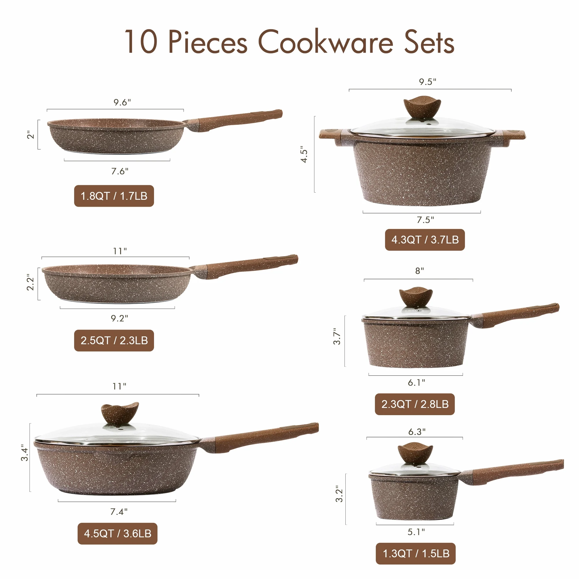 Carote Nonstick Granite Cookware Sets, 10 Pcs Brown Pots and Pans, Induction Kitchen Cooking Set