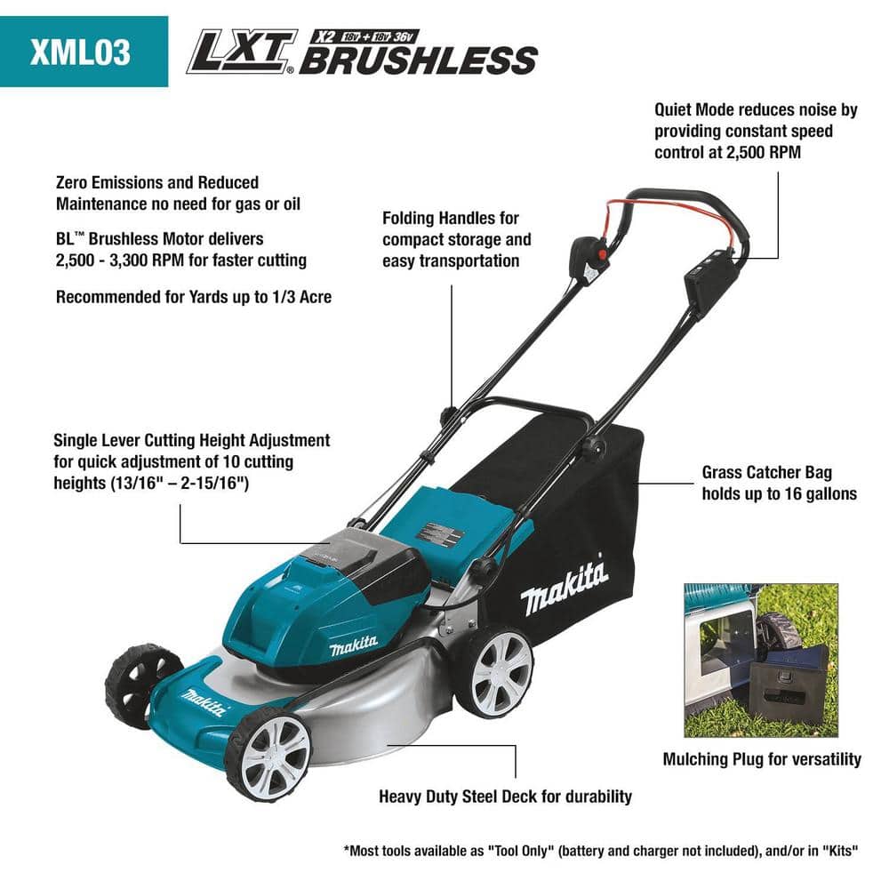 18 in 18 Volt X2 36 Volt LXT Lithium Ion Cordless Walk Behind Push Lawn Mower Kit with 4 Batteries 4 0 Ah XML03CM1