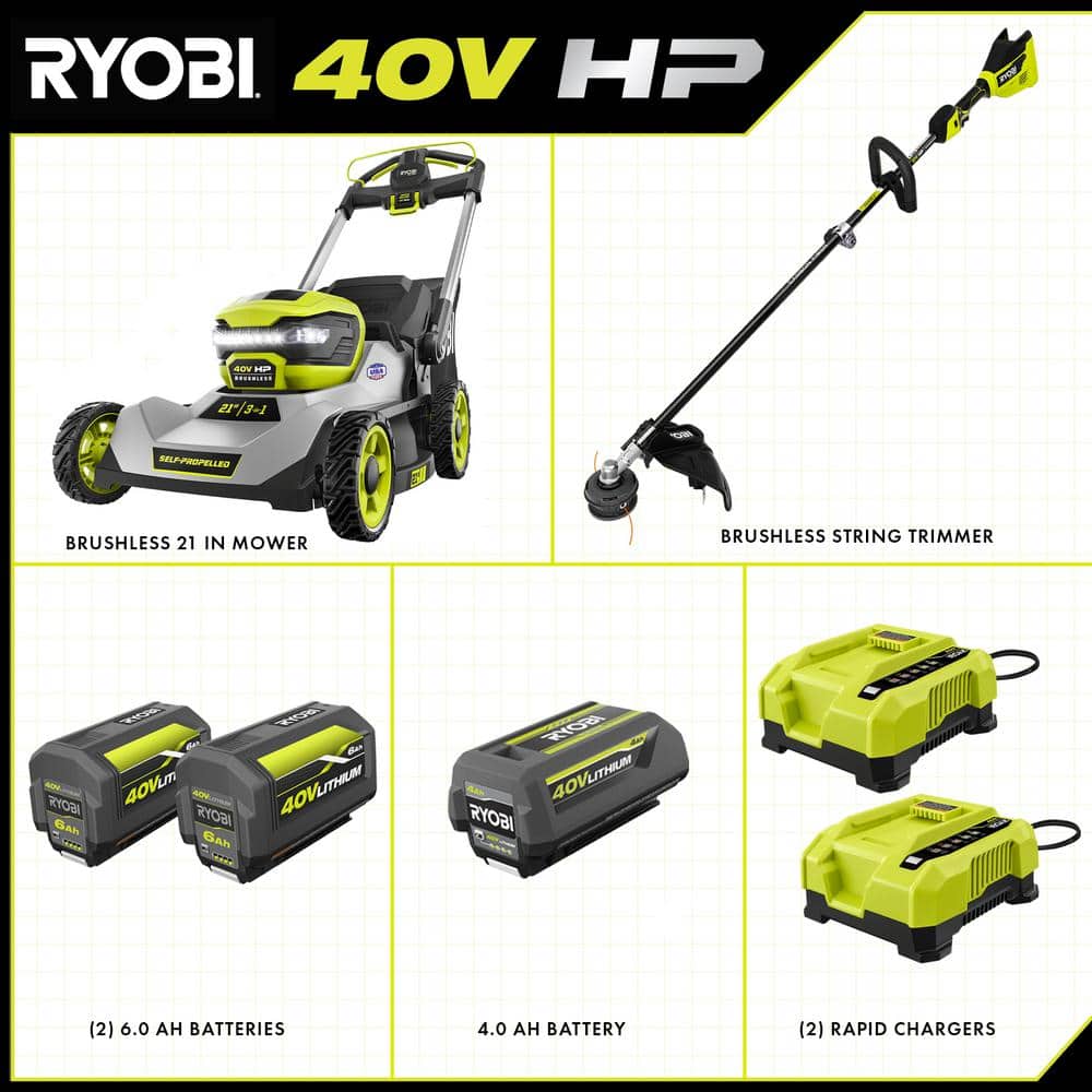40V HP Brushless 21 in Cordless Walk Behind Self Propelled Lawn Mower & Trimmer 3 Batteries/ 2 Rapid Chargers RY401140 4X