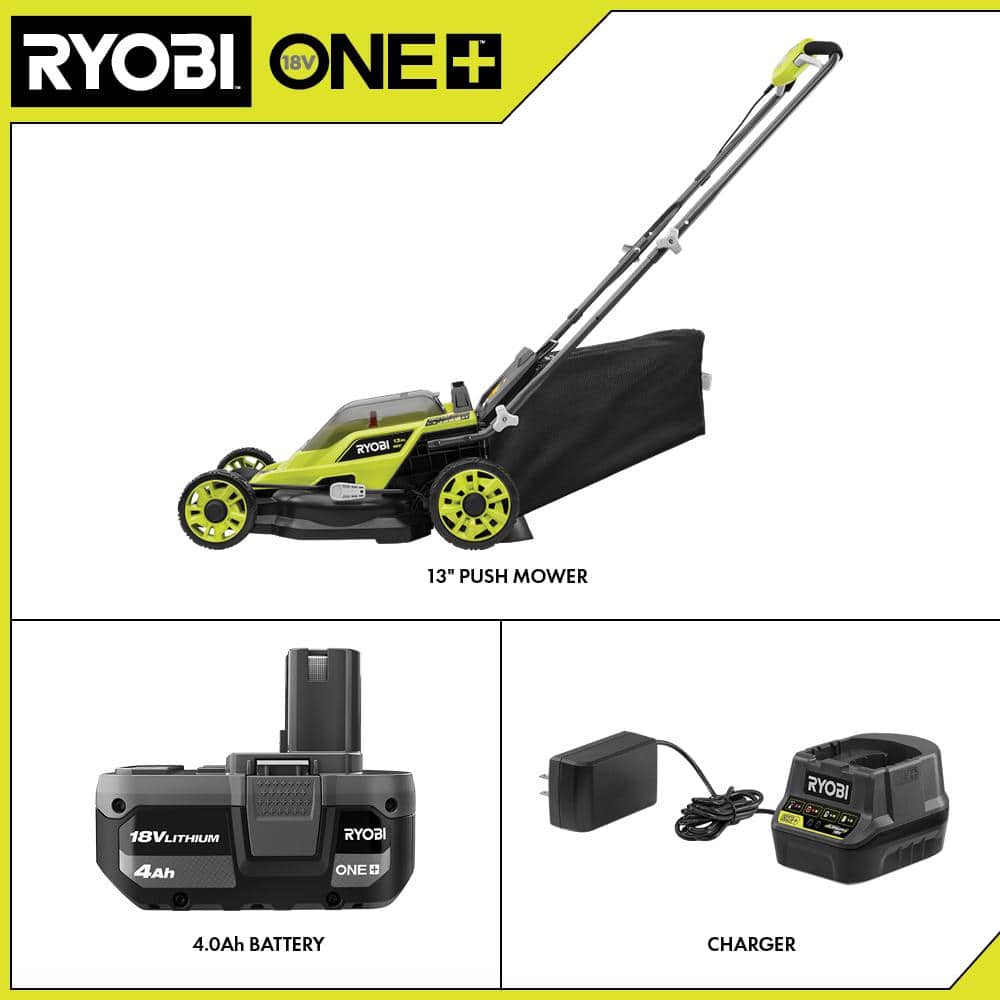 ONE+ 18V 13 in Cordless Battery Walk Behind Push Lawn Mower with 4 0 Ah Battery and Charger P1180