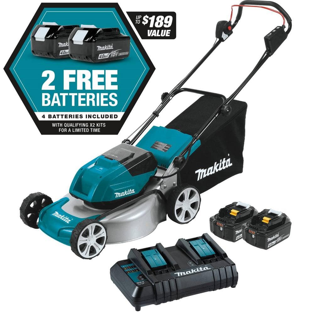 18 in 18 Volt X2 36 Volt LXT Lithium Ion Cordless Walk Behind Push Lawn Mower Kit with 4 Batteries 4 0 Ah XML03CM1