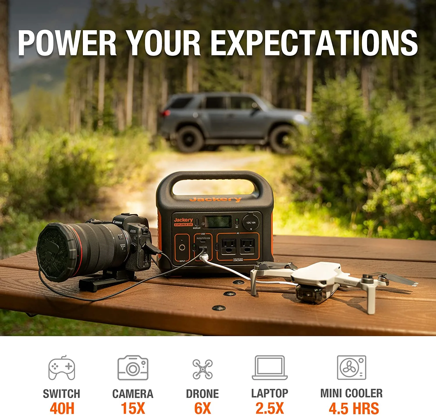 Jackery Explorer 290 Plus Portable Power Station with Automobile Battery Charging Cable