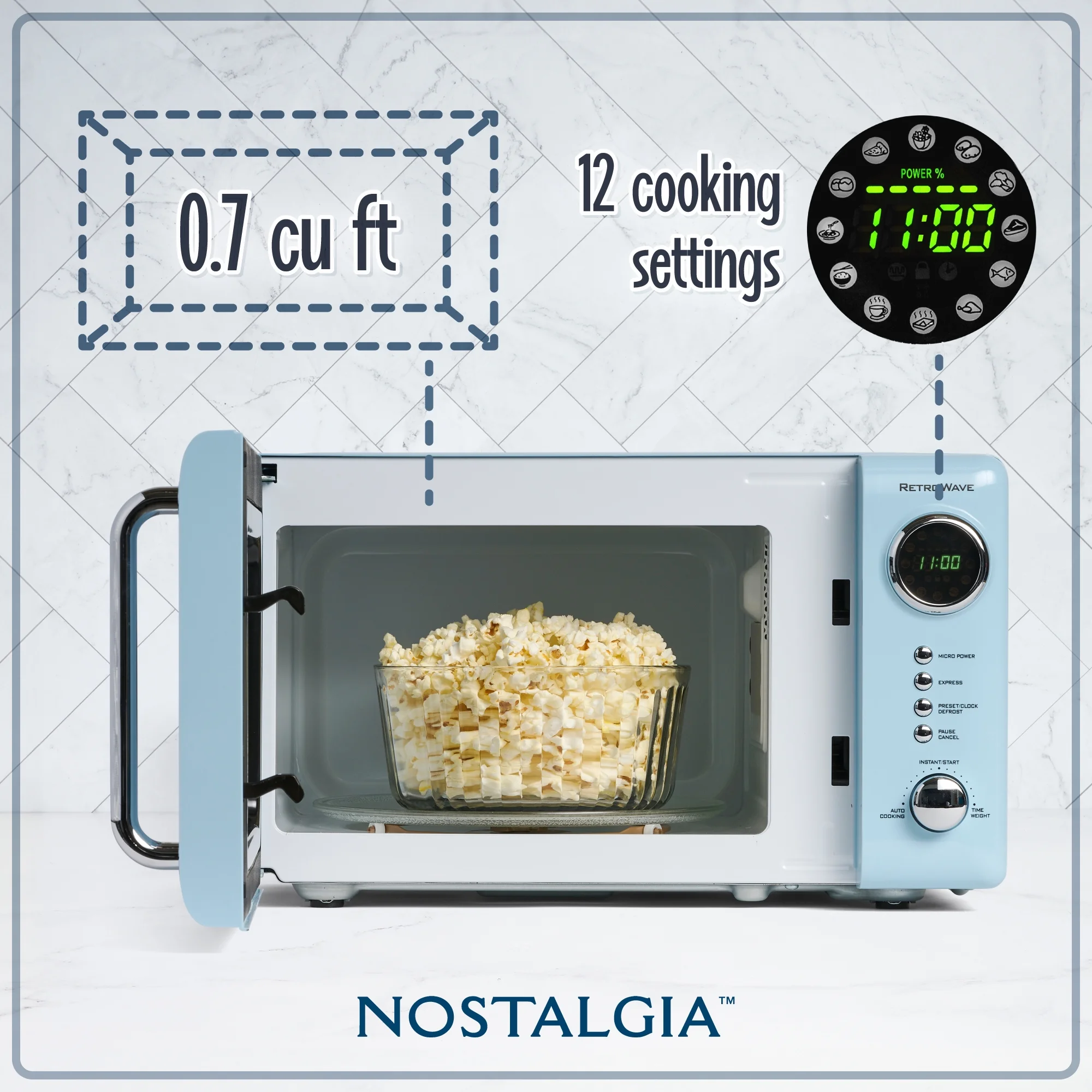 Nostalgia Retro Compact Countertop Microwave Oven, 0.7 Cu. Ft. 700-Watts with LED Digital Display, Child Lock, Easy Clean Interior, Blue