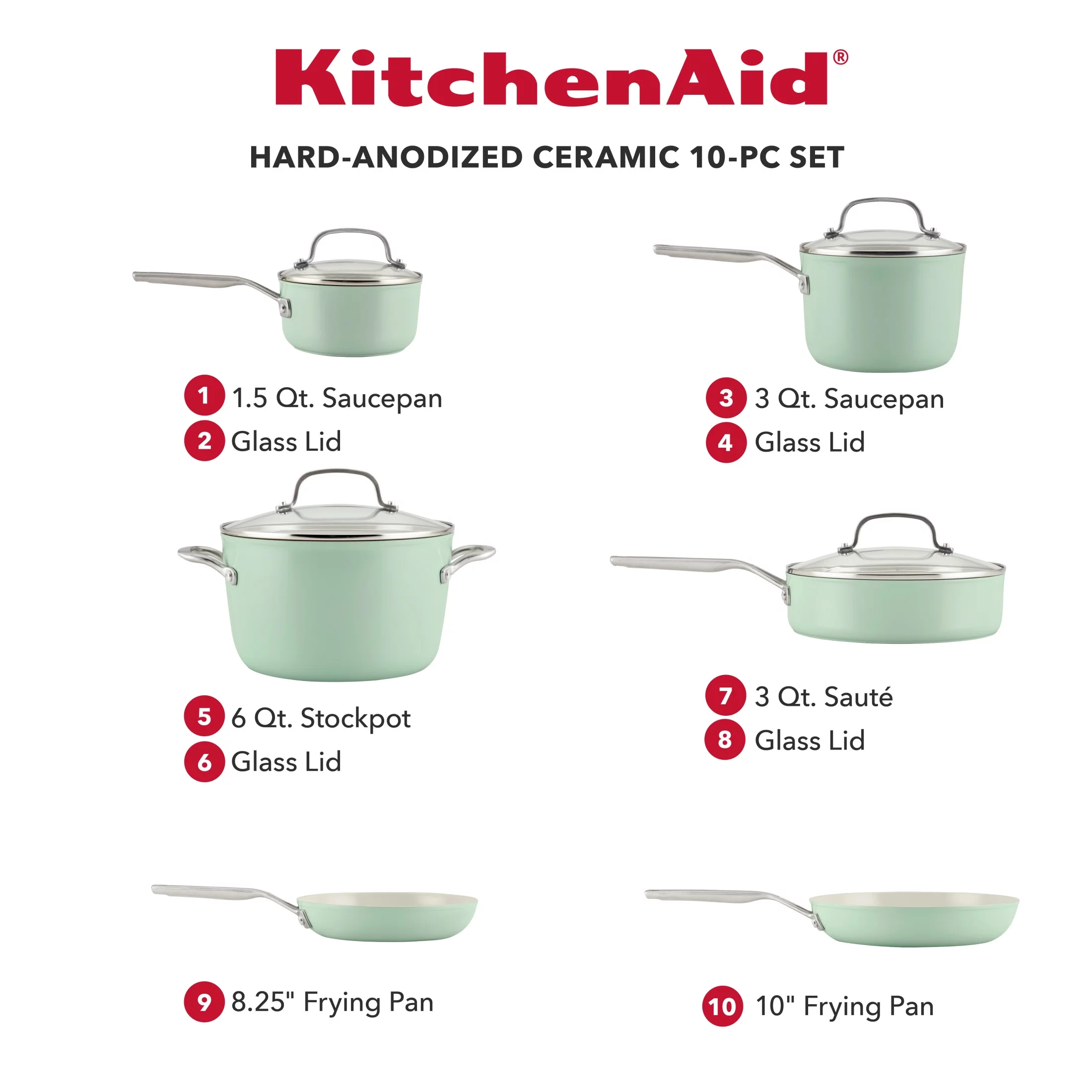 KitchenAid Hard Anodized Ceramic 10 Piece Nonstick Cookware Pots and Pans Set, Pistachio