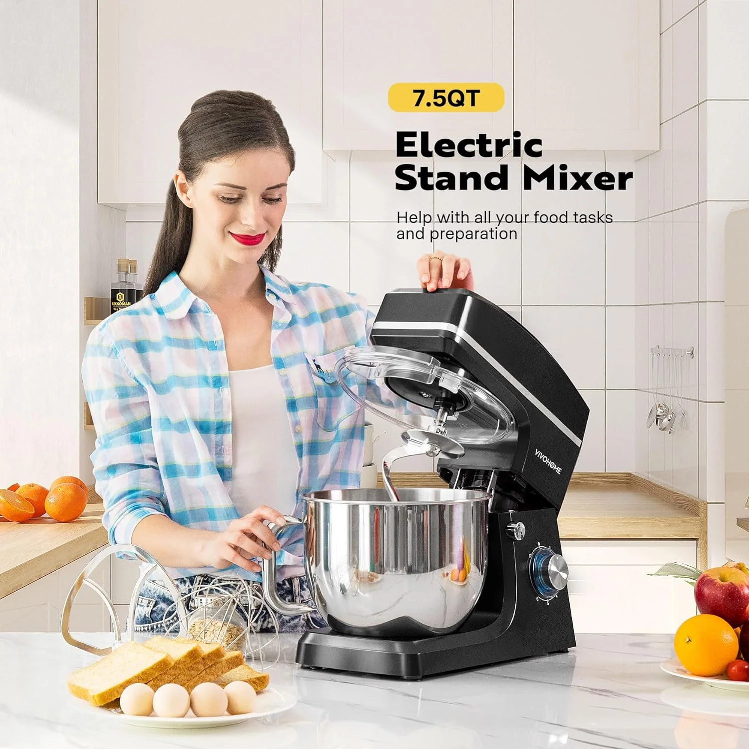 SPECSTAR 7.5 Quart Stand Mixer, 660W 6-Speed Tilt-Head Kitchen Electric Food Mixer with Beater, Dough Hook, Wire Whip, and Egg Separator, Black