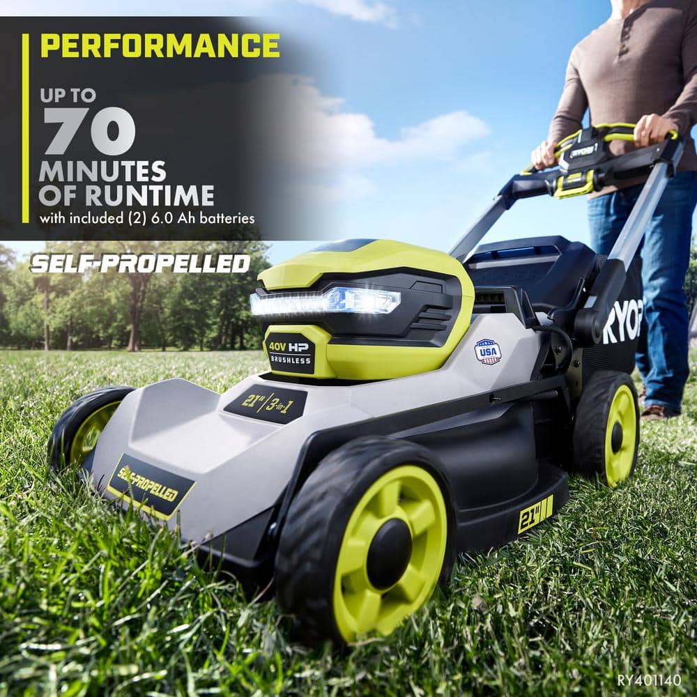 40V HP Brushless 21 in Cordless Walk Behind Self Propelled Lawn Mower & Trimmer 3 Batteries/ 2 Rapid Chargers RY401140 4X