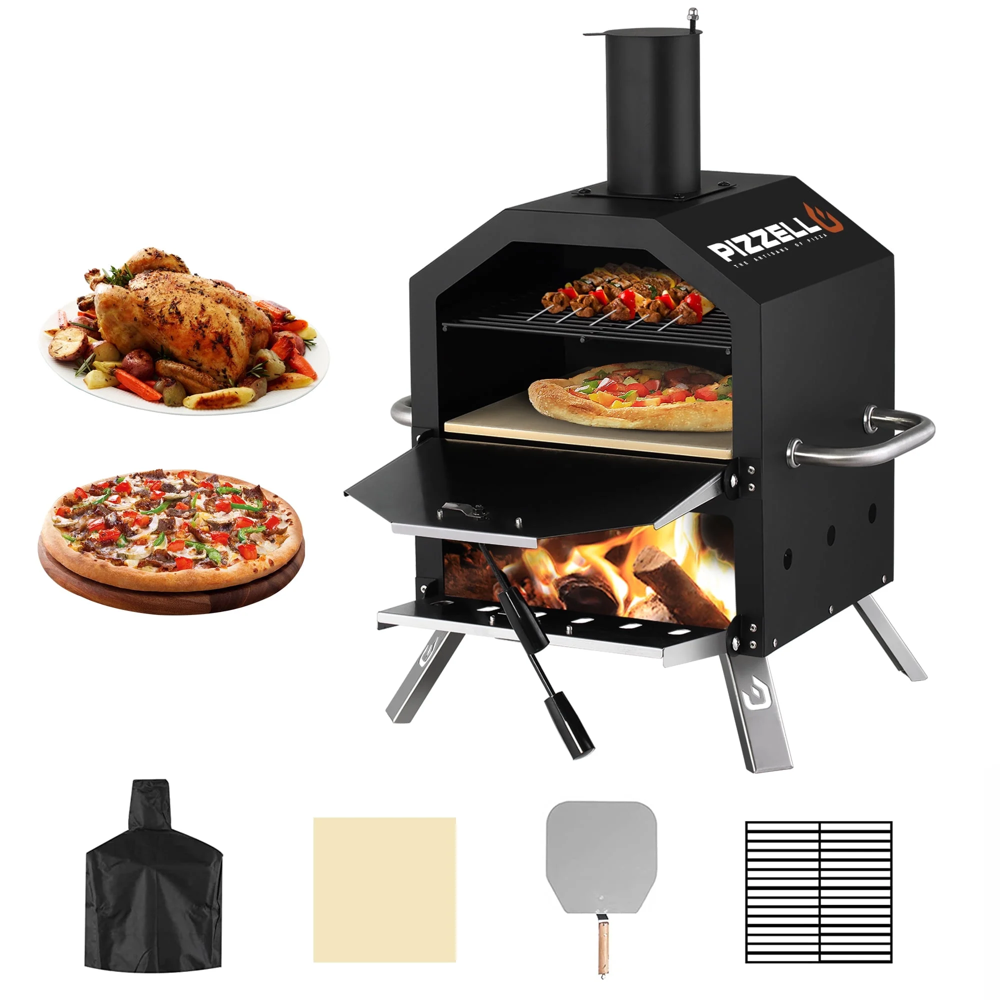 Outdoor Pizza Oven Wood Burning for Cooking 2 Pizzas Outside Pizza Maker with Pizza Stone, Pizza Peel, - Black + Silver