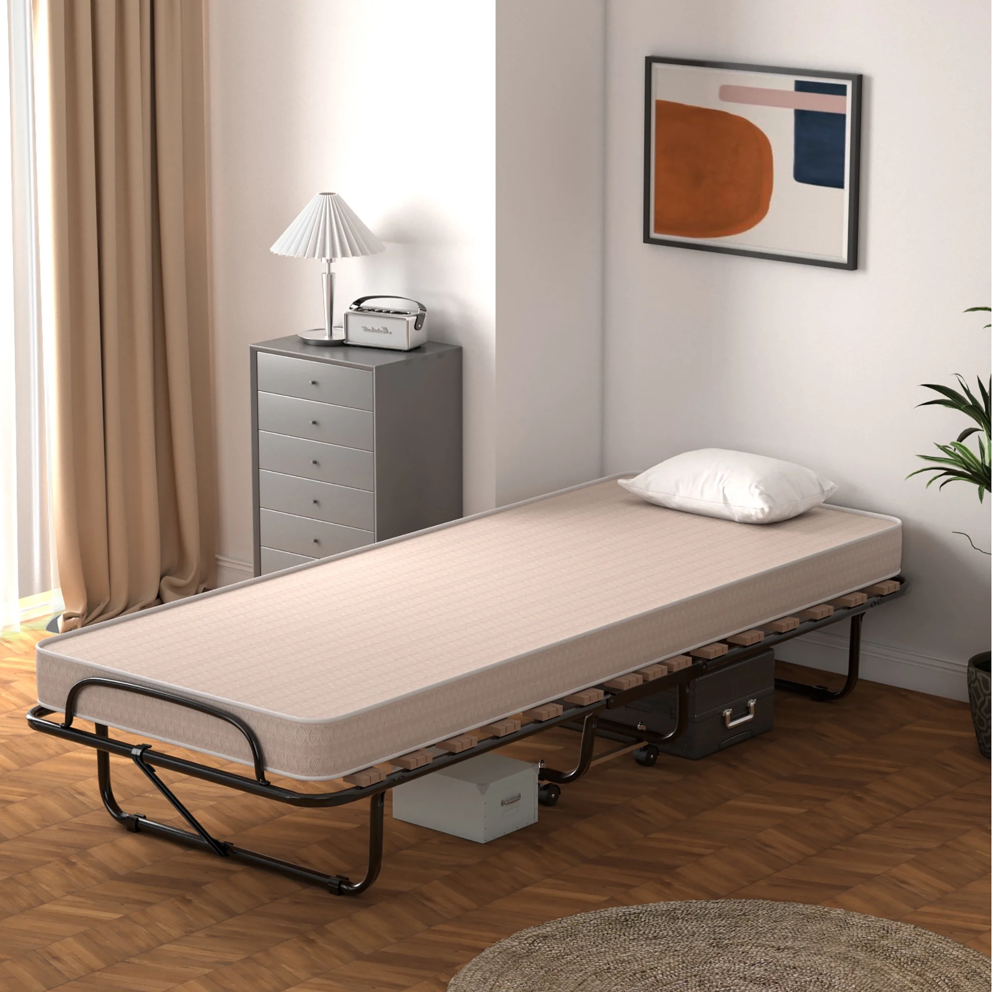 Costway Portable Folding Bed with Memory Foam Mattress Rollaway Cot Beige Made in Italy