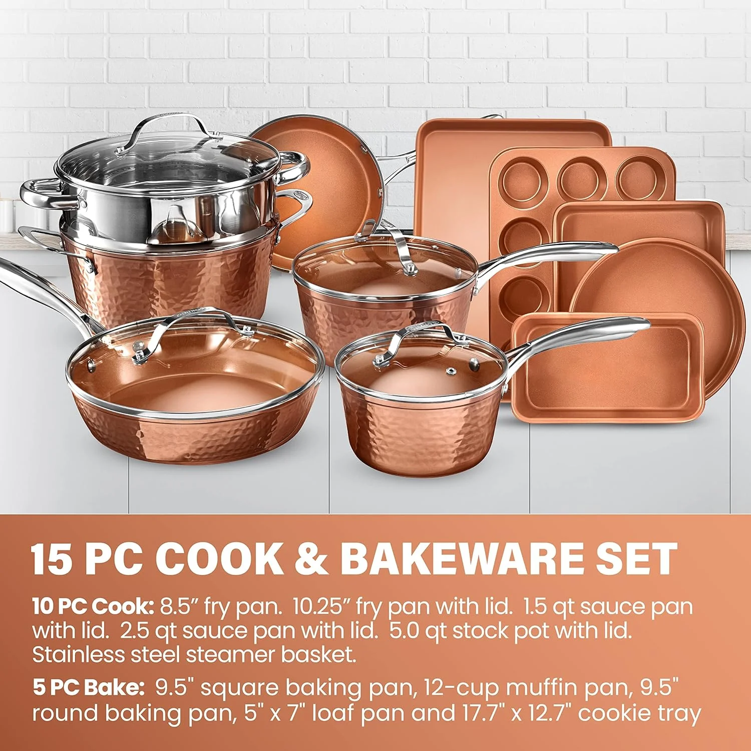 Gotham Steel Nonstick Pots and Pans 15 Pcs Kitchen Ceramic Cookware Set Bakeware Cooking Frying Skillet Sauce Pan Hammered