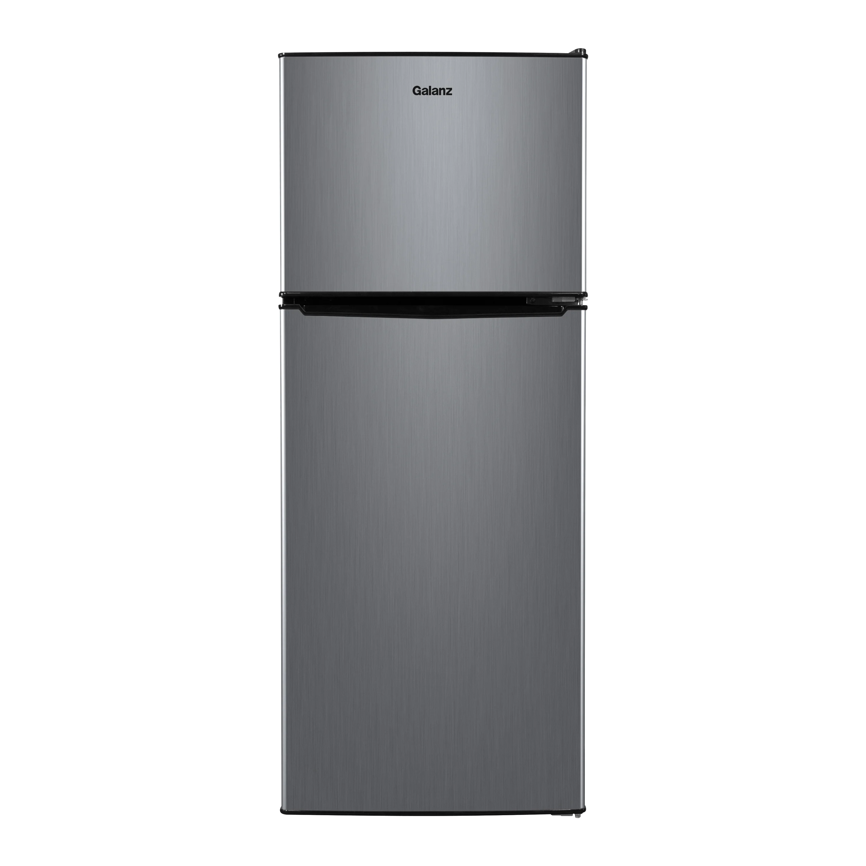 Galanz 4.6. Cu ft Two Door Mini Refrigerator with Freezer, Stainless Steel, New, Width 19.13
