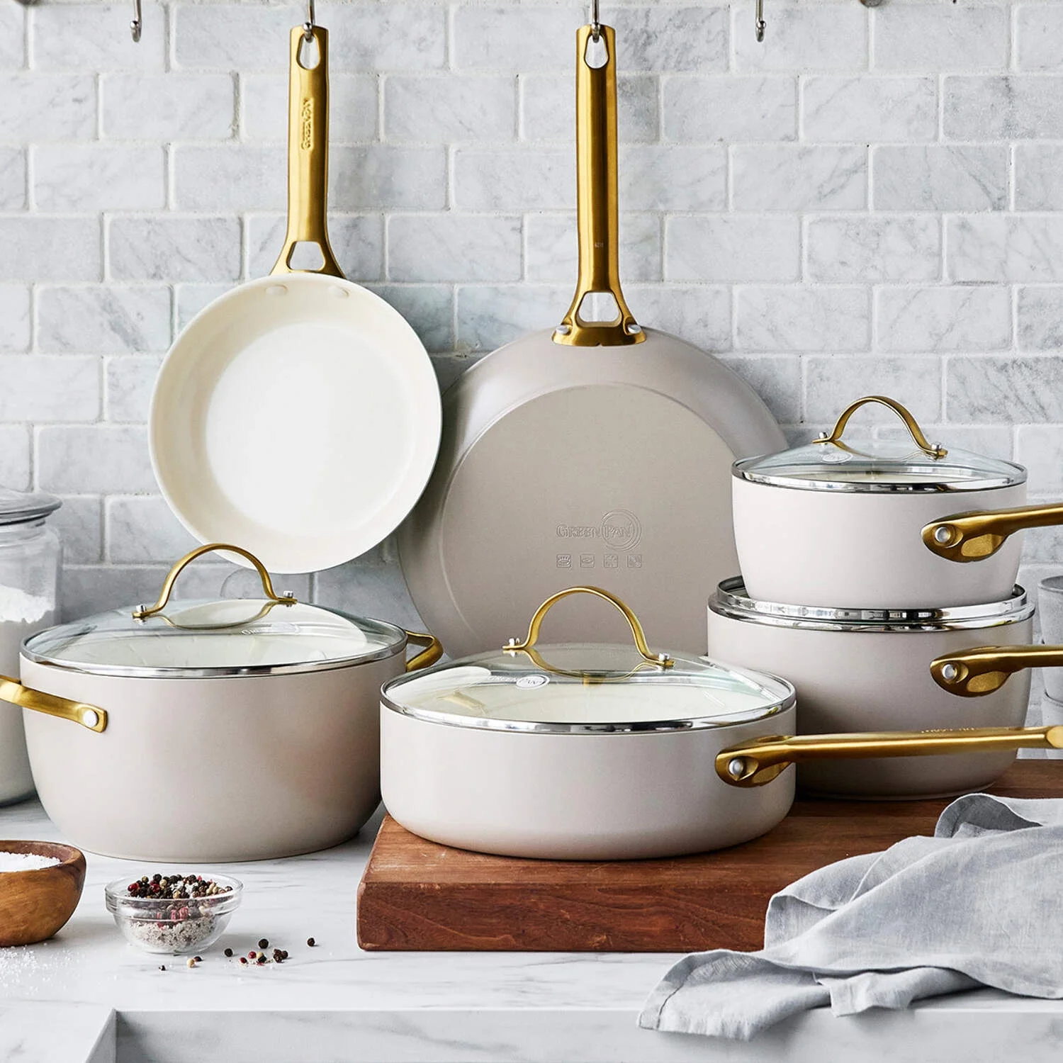 GreenPan Reserve Ceramic Nonstick 10-Piece Cookware Set | Taupe with Gold-Tone Handles