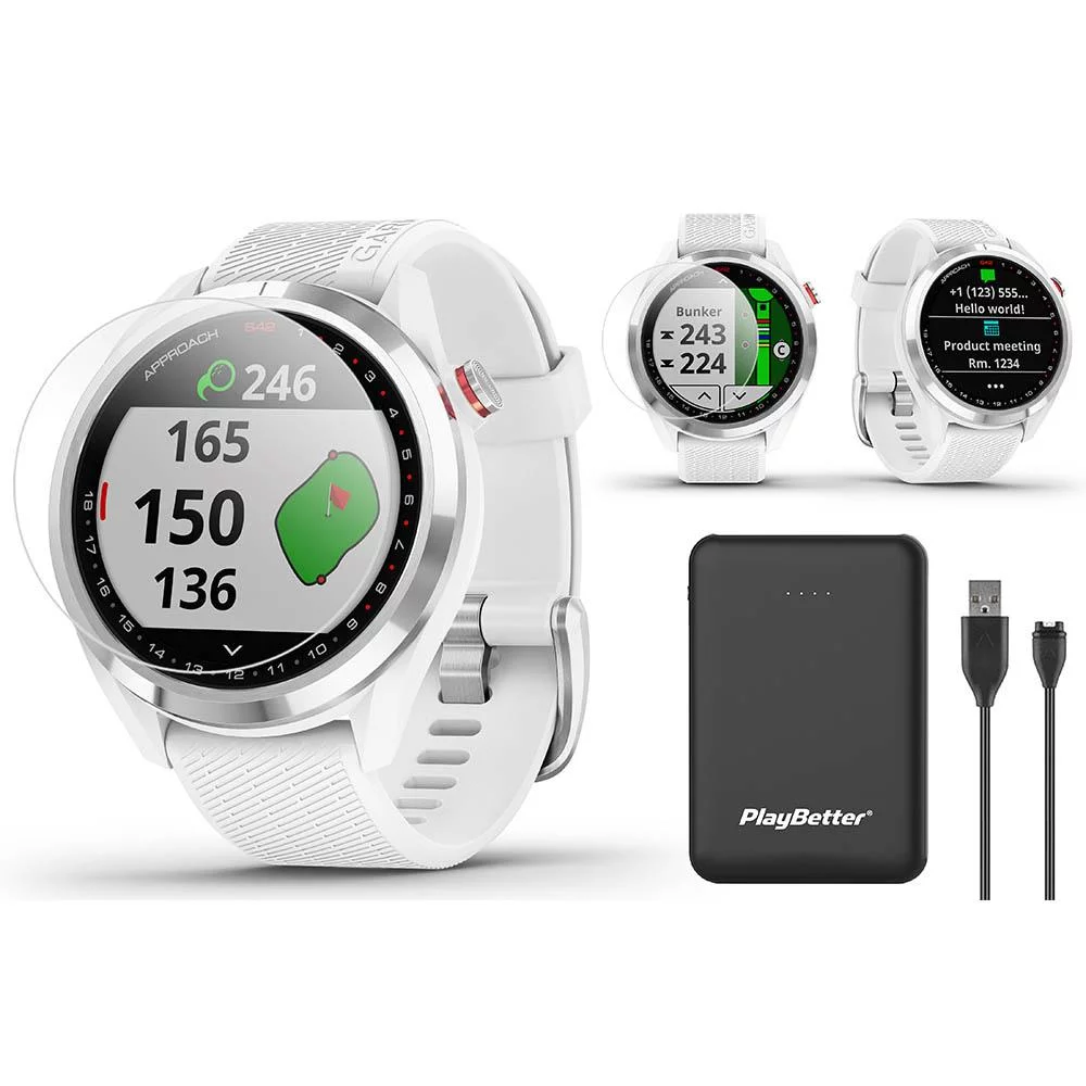 Garmin Approach S42 White Golf GPS Watch Power Bundle 2021 Model with PlayBetter Portable Charger & HD Screen Protectors