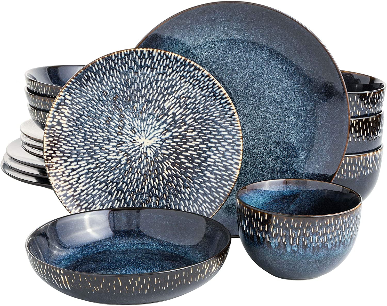 CHONGYAO Matisse 16 Piece Double Bowl Dinnerware Set, Cobalt Blue, Service for 4 (16pcs)