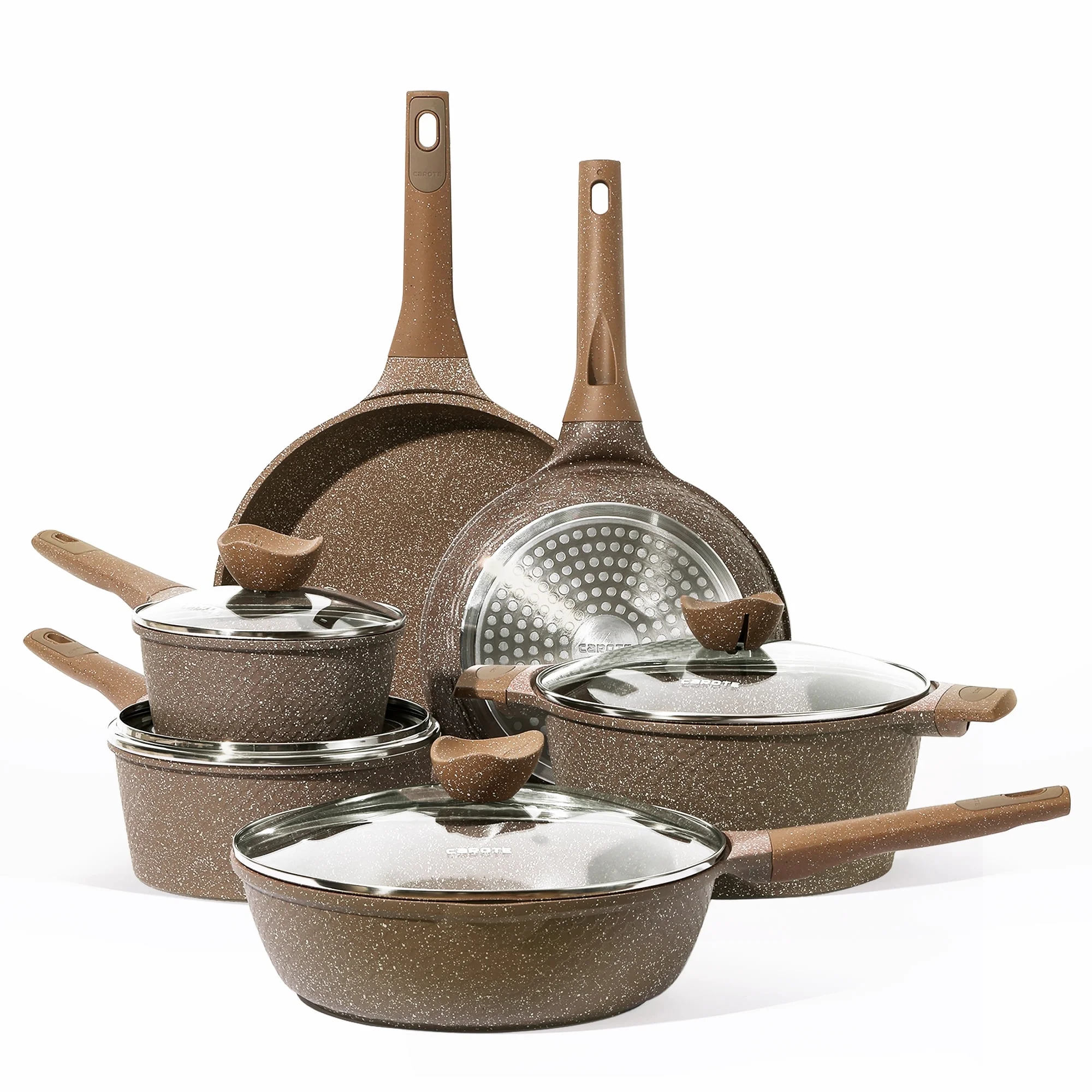 Carote Nonstick Granite Cookware Sets, 10 Pcs Brown Pots and Pans, Induction Kitchen Cooking Set
