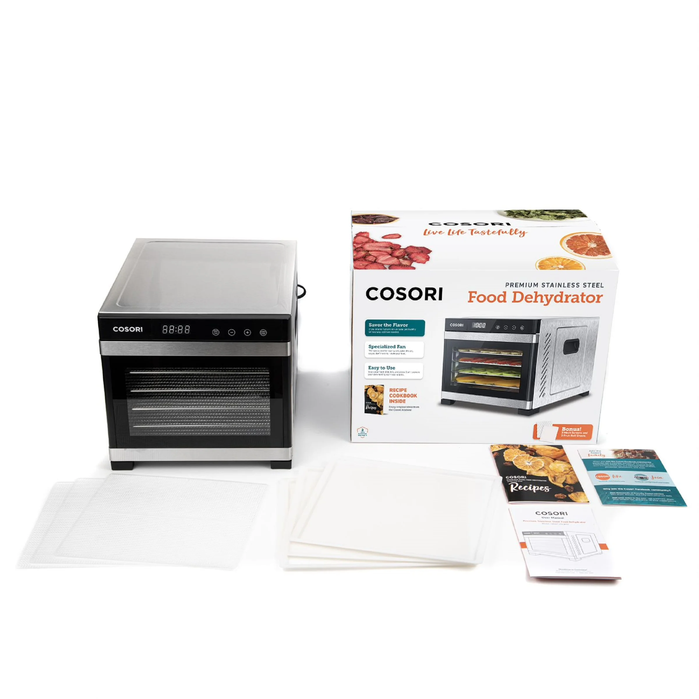 COSORI Food Dehydrator with 6 Stainless Steel Trays, 600W, Extra Bonus, Silver, CP267-FD-RXS