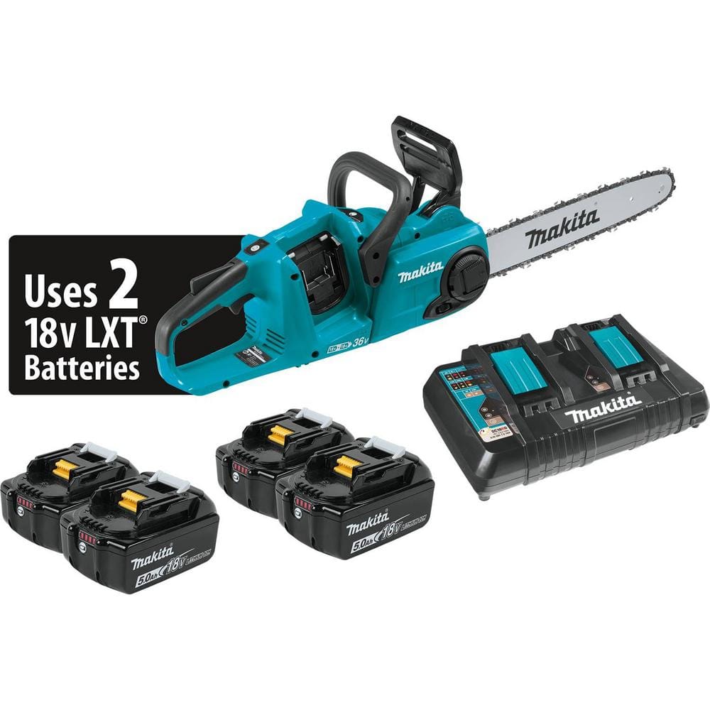 14 in 18 Volt X2 36 Volt LXT Lithium Ion Brushless Battery Chain Saw Kit with Four 5 0 Ah Batteries and Charger XCU03PT1