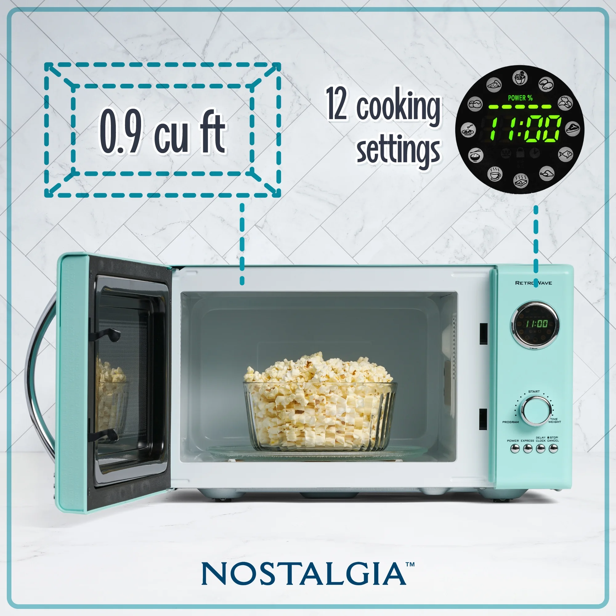 Nostalgia Retro Countertop Microwave Oven - Large 800-Watt - 0.9 cu ft - 12 Pre-Programmed Cooking Settings - Digital Clock - Kitchen Appliances - Aqua