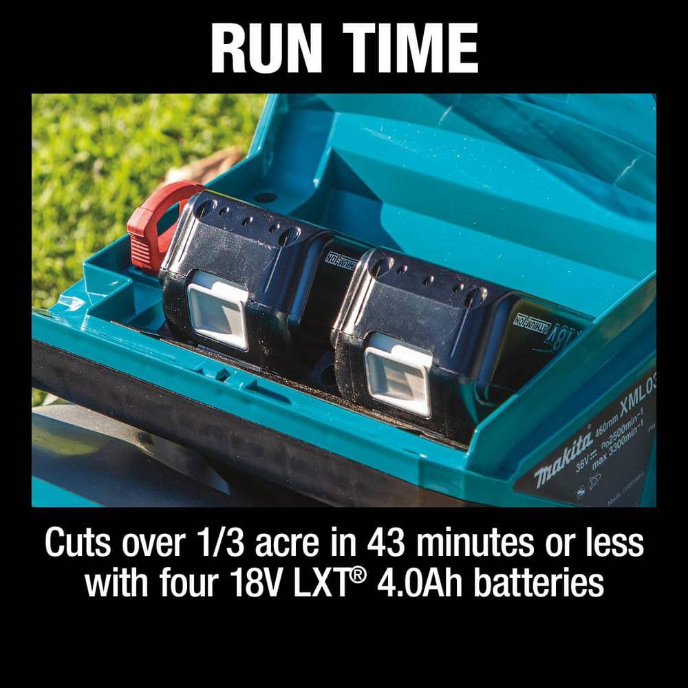 18 in 18 Volt X2 36 Volt LXT Lithium Ion Cordless Walk Behind Push Lawn Mower Kit with 4 Batteries 4 0 Ah XML03CM1