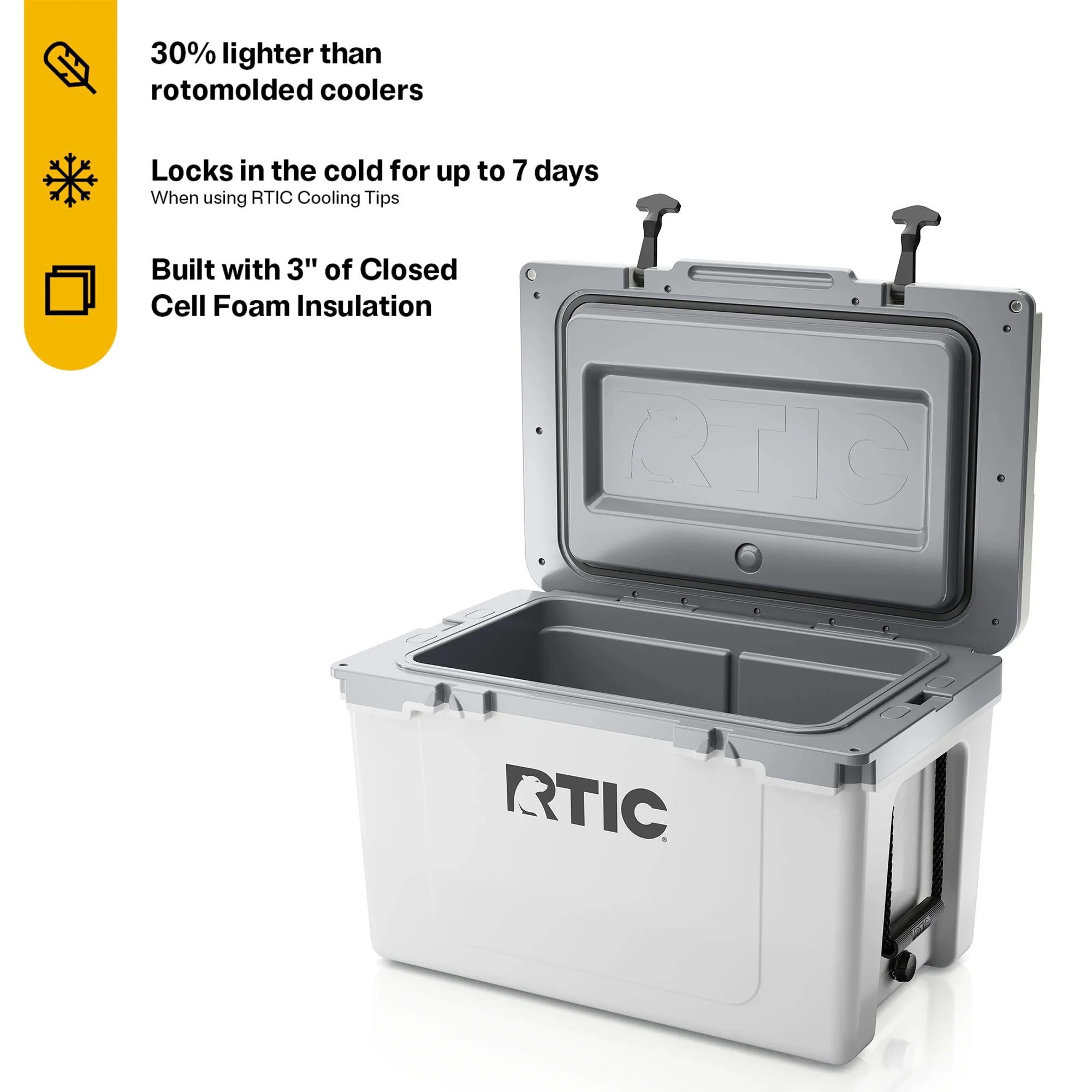 RTIC 52 Qt Ultra-Light Hard Cooler Insulated Portable Ice Chest Box for Beverage, Beach, Camping, Picnic, Fishing, Boat, Barbecue,White & Grey