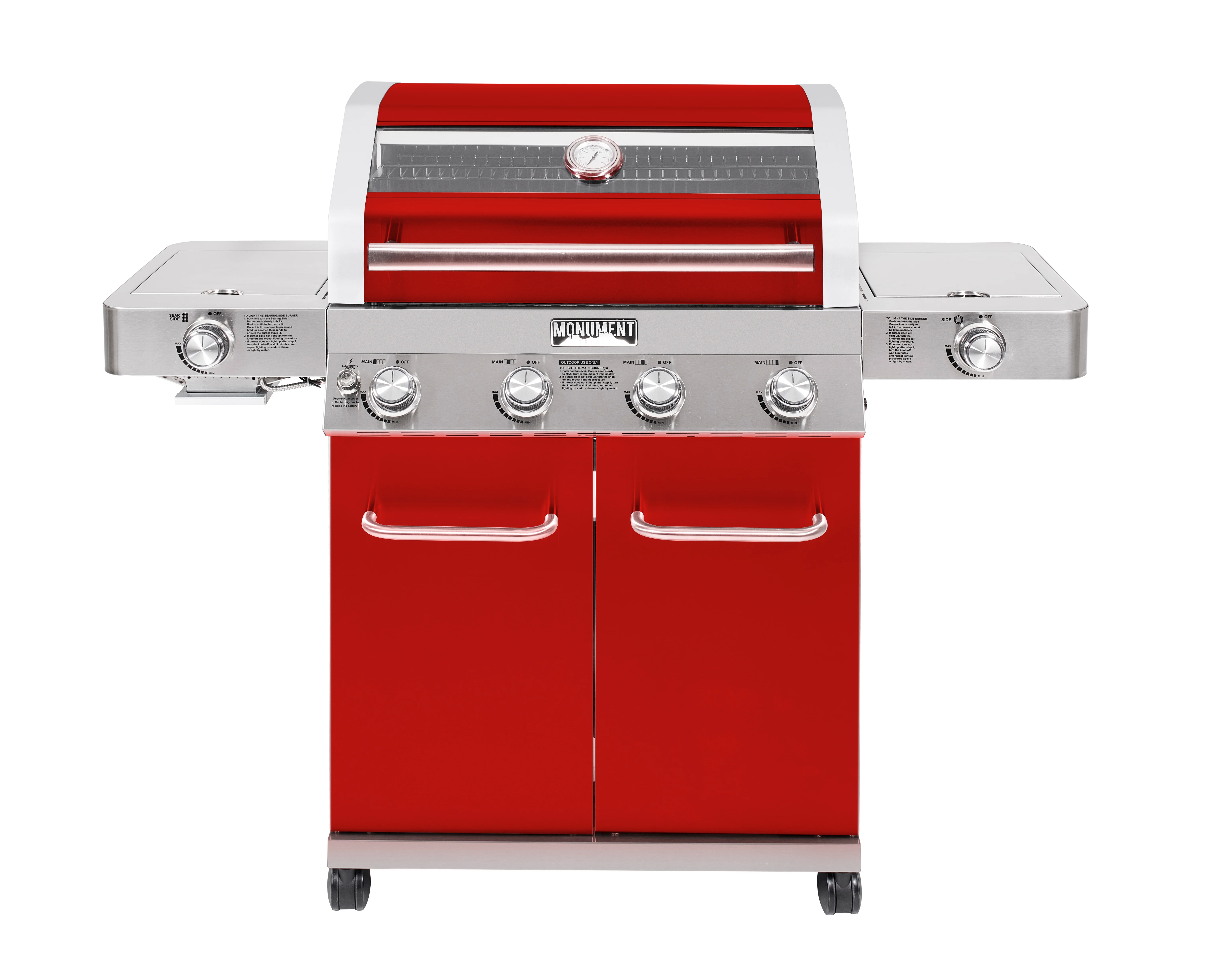 4-Burner Propane Gas Grill in Red with Clear View Lid, LED Controls, Side and Sear Burners