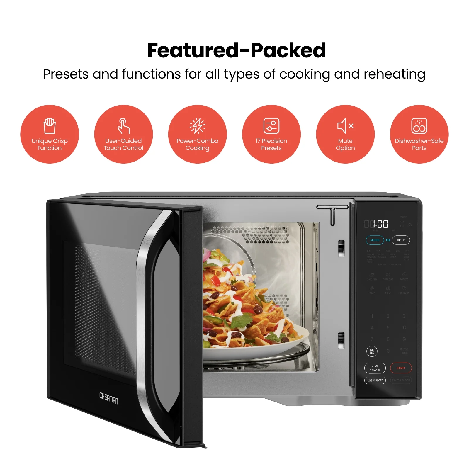 Chefman Microcrisp 1.1 cu. ft. Countertop Microwave Oven + Crisper, 1800 Watts - Black, New