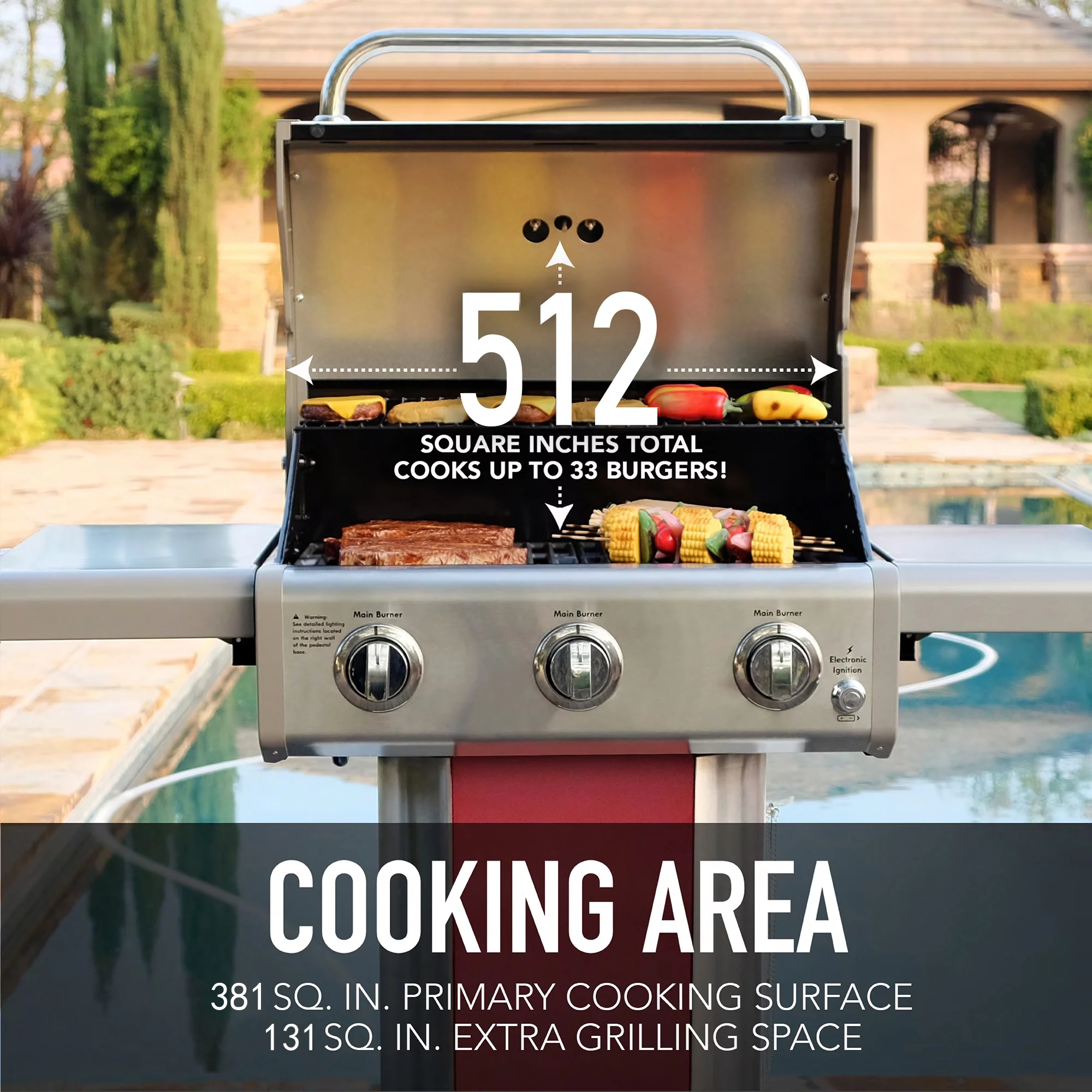 Kenmore 3-Burner Gas Grill, Outdoor BBQ Grill, Propane Grill with Foldable Side Tables, Red
