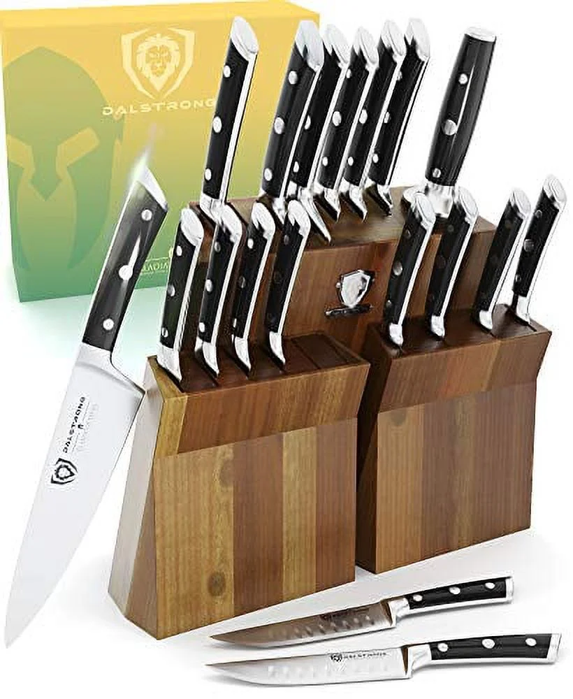 DALSTRONG Knife Block Set - 18-Piece - Gladiator Series Colossal Knife Set - Forged German ThyssenKrupp HC Steel - Walnut Stand - Black Handles