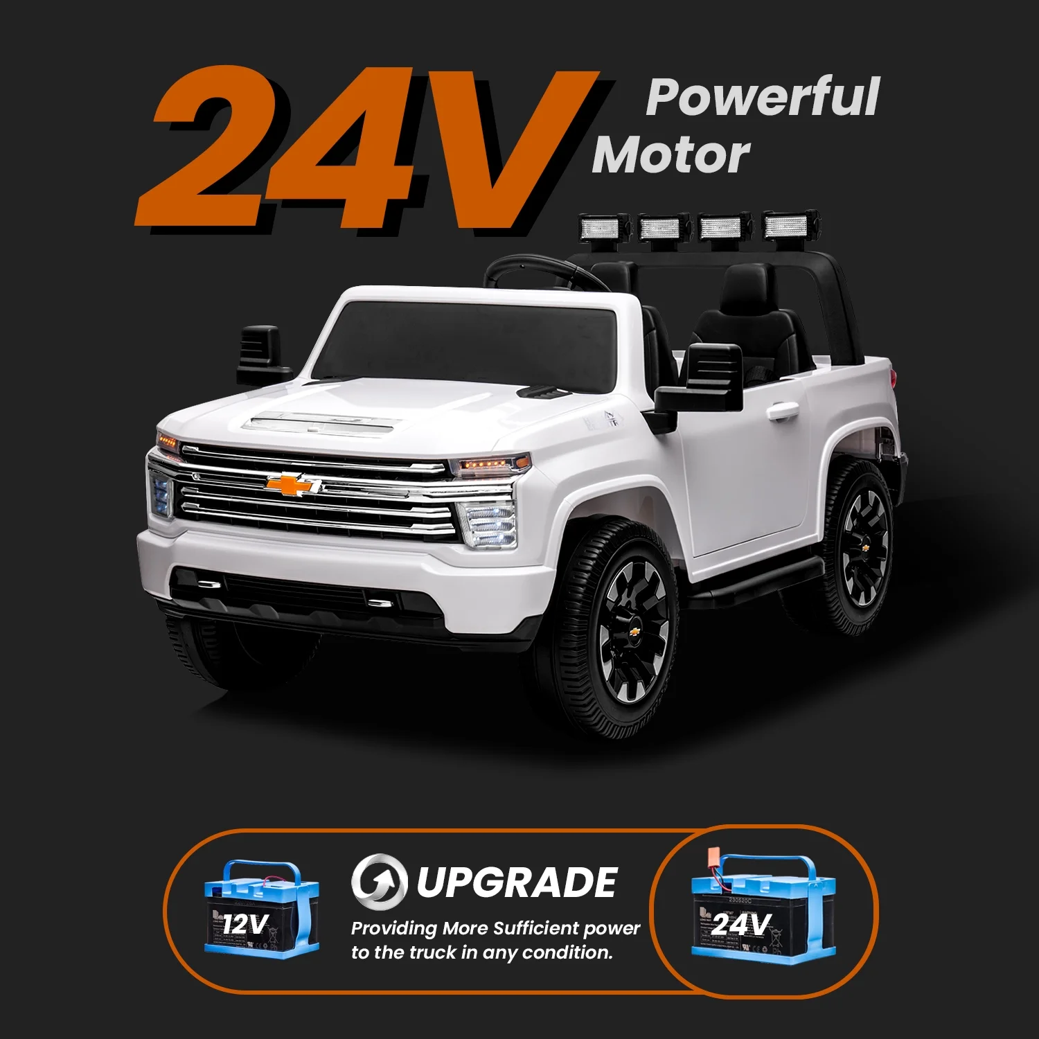 Track 7 24V Ride on Car, Licensed Silverado HD 2 Seater Electric Car for Boys Girls Age 3+, 24V Ride on Truck w/Remote Control, Music, ABC, White