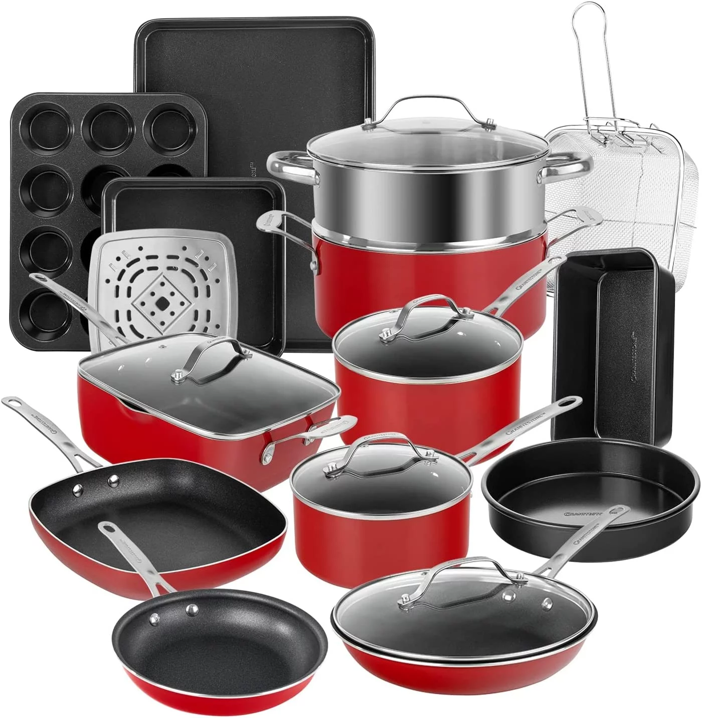 Granitestone Pots and Pans Set Nonstick Cookware Set & Bakeware Set Red 20 Pc Kitchen Set
