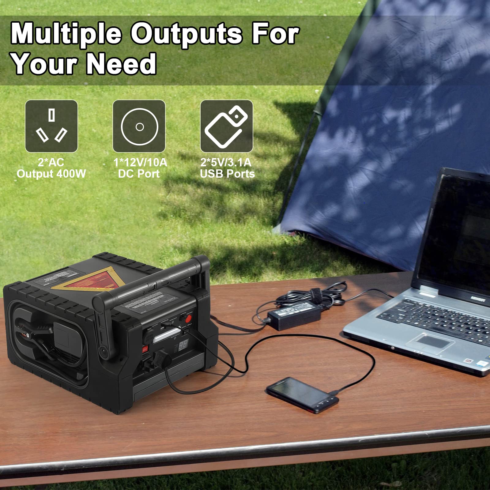 ZunDian ZD-529 Solar Portable Power Station 2000 Amps Jump Starter, 260 PSI Air Compressor, 12V Car Battery Charger with 400W Inverter Dual AC/DC/USB Output, Emergency Backup Power with Flashlights