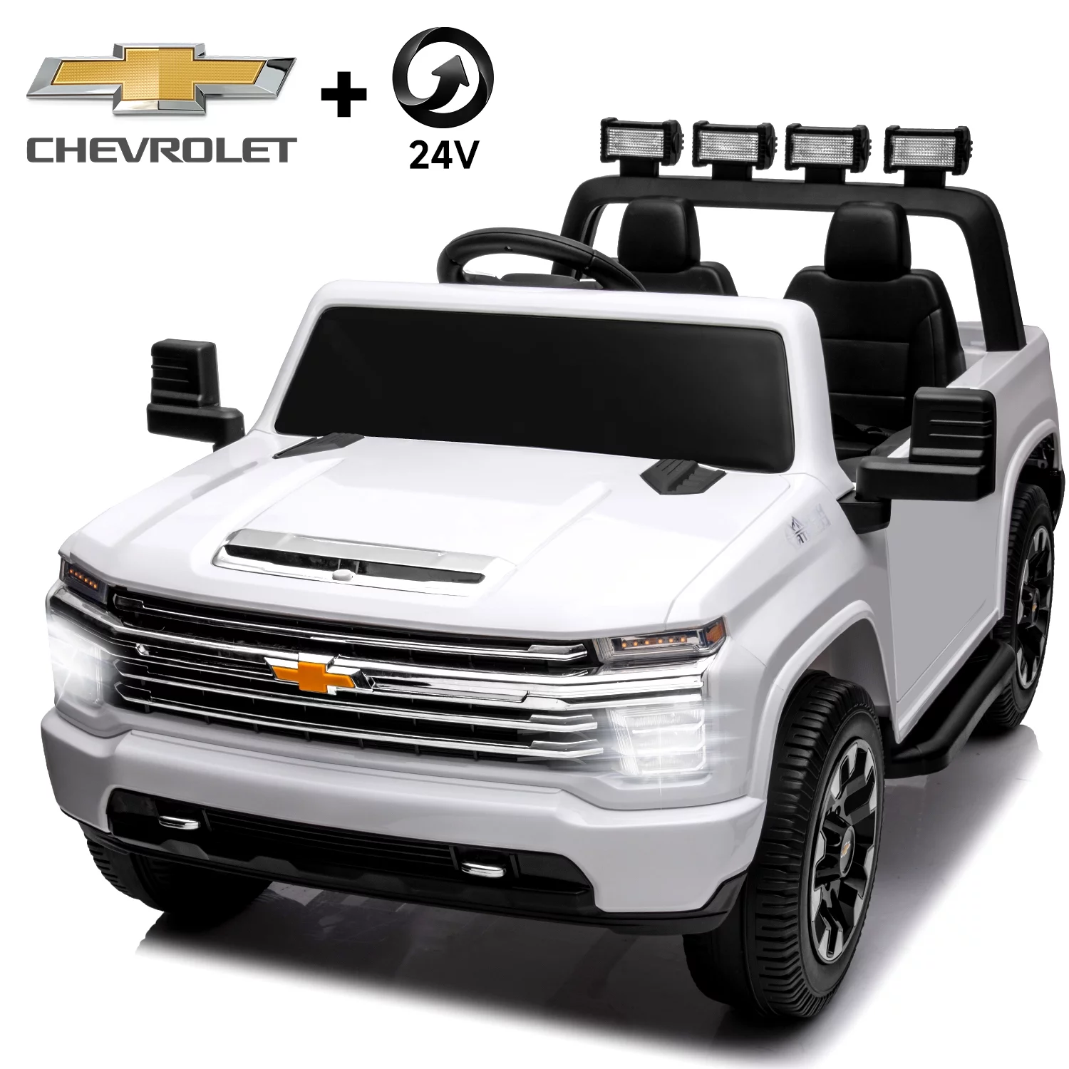 Track 7 24V Ride on Car, Licensed Silverado HD 2 Seater Electric Car for Boys Girls Age 3+, 24V Ride on Truck w/Remote Control, Music, ABC, White