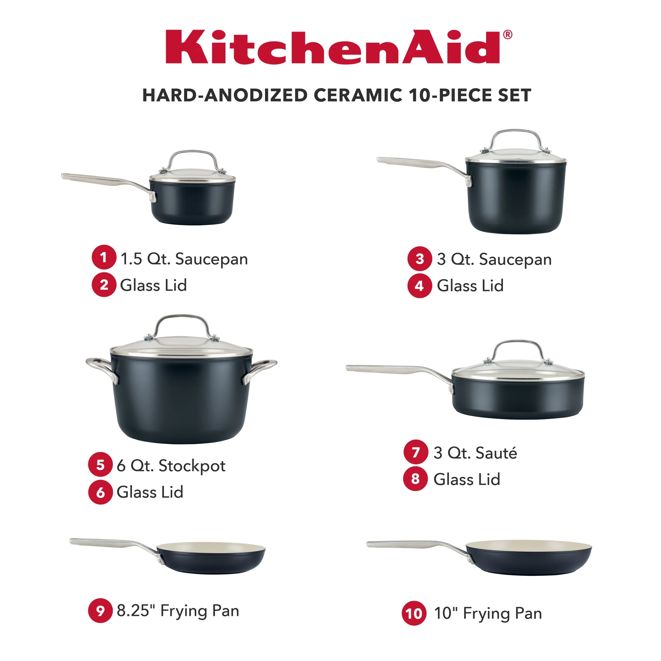 KitchenAid Hard Anodized Ceramic 10 Piece Nonstick Cookware Pots and Pans, Matte Black