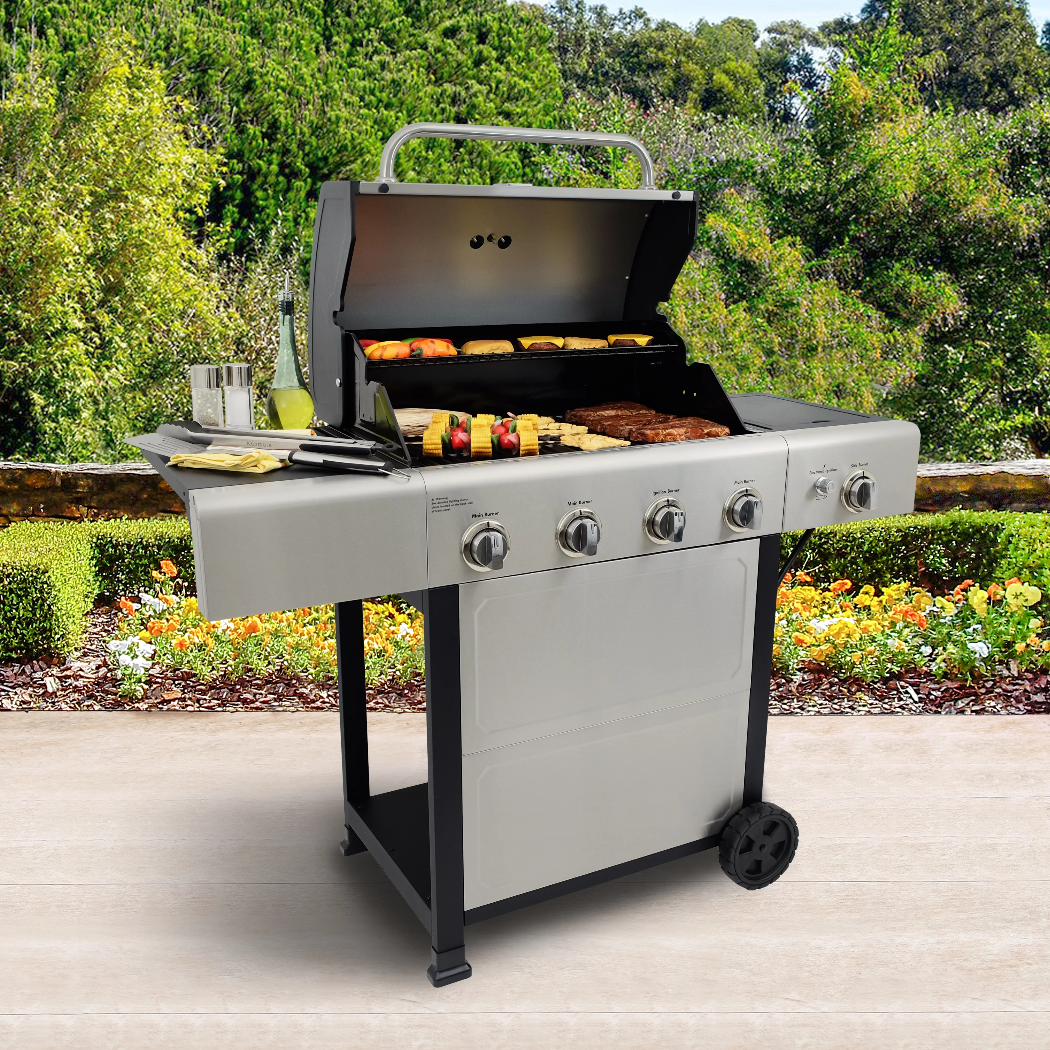 Kenmore 4-Burner Outdoor Propane Gas Grill with Side Burner, Open Cart, Stainless Steel