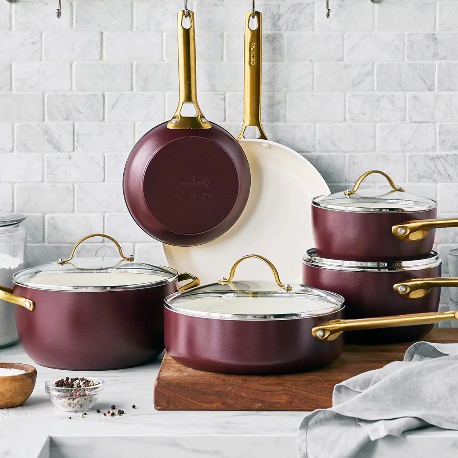 GreenPan Reserve Ceramic Nonstick 10-Piece Cookware Set | Merlot with Gold-Tone Handles