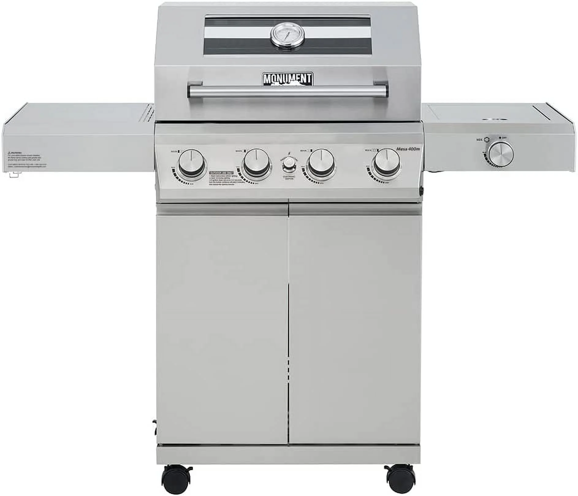 Mesa 4-Burner Propane Gas Grill in Stainless Steel with Clear View Lid, Side Burner, and LED Controls by Monument Grills