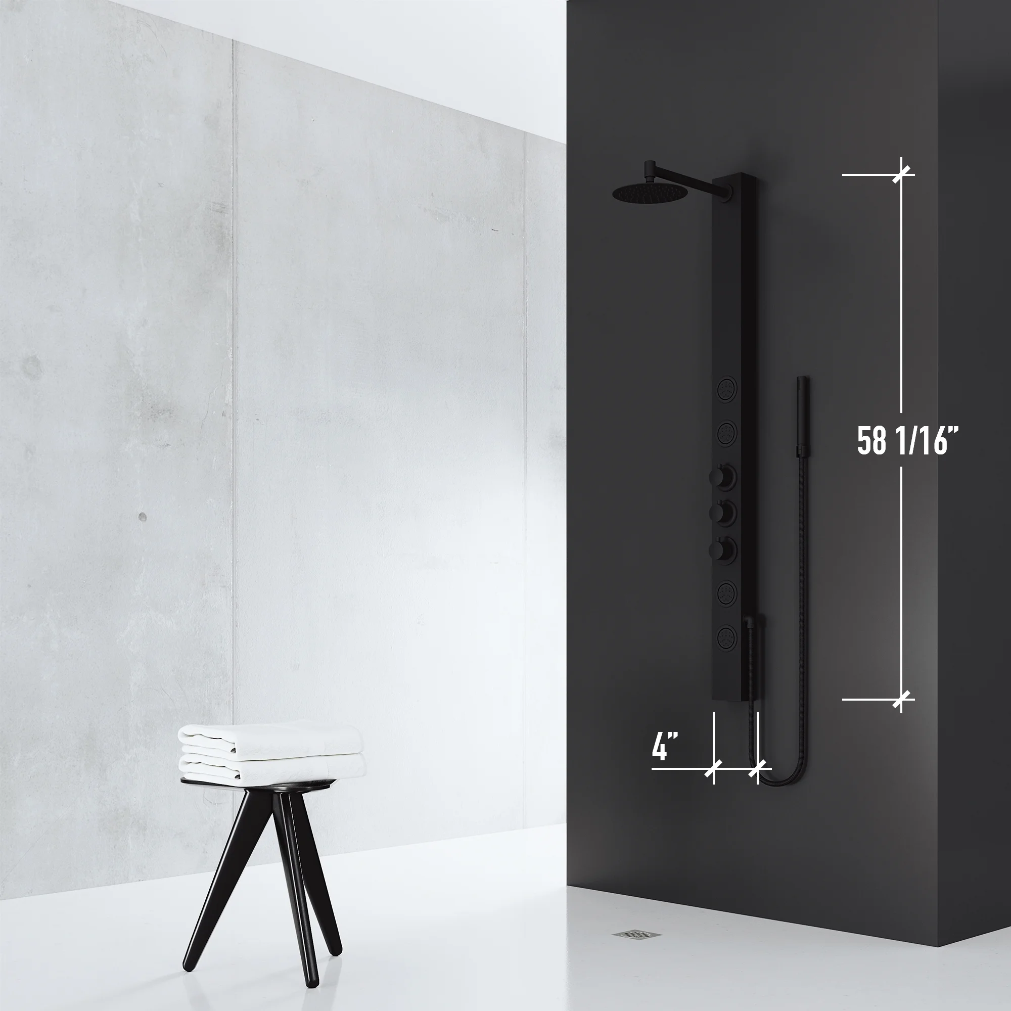 VIGO Sutton 58 in. H x 4 in. W 4-Jet Shower Panel System with Adjustable Round Head and Hand Shower Wand in Matte Black