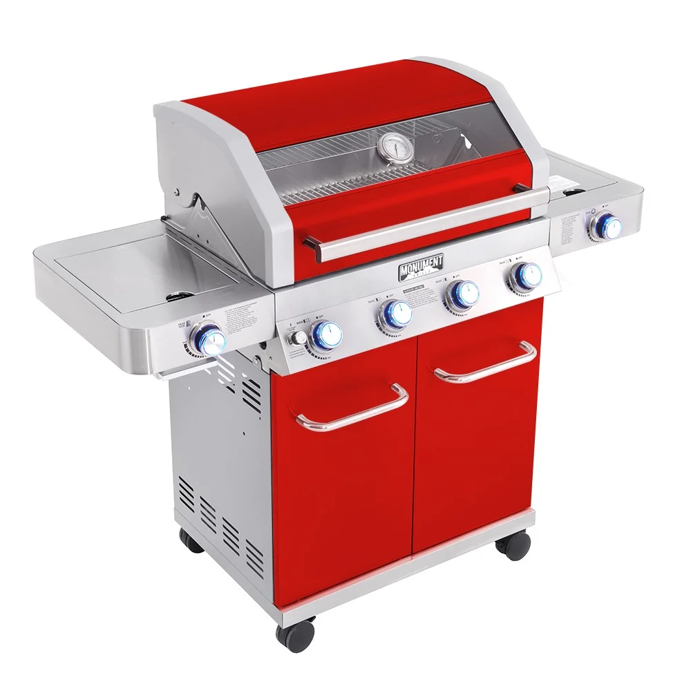 4-Burner Propane Gas Grill in Red with Clear View Lid, LED Controls, Side and Sear Burners