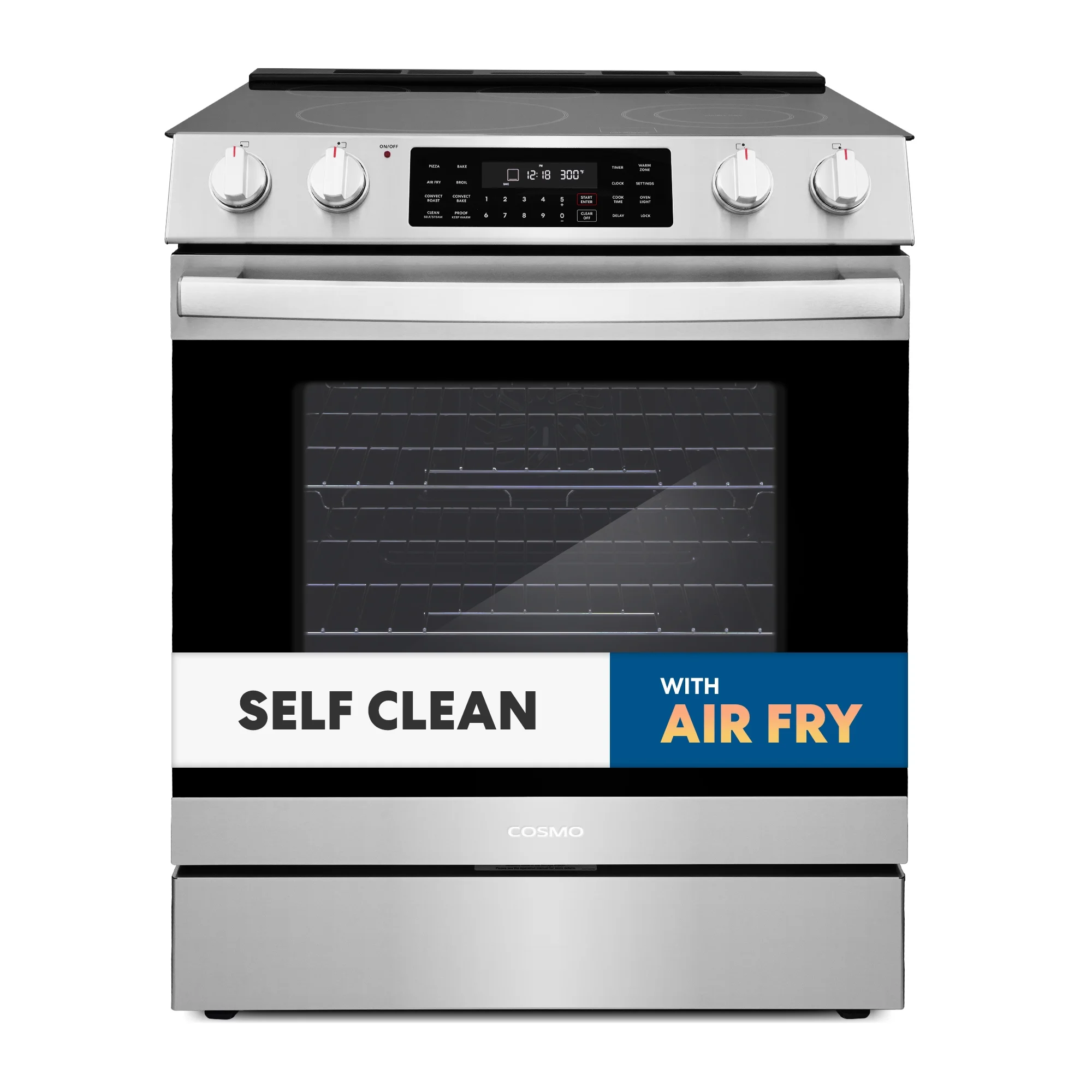 COSMO Commercial Style 30 in. 6.3 cu. ft. Electric Range with 5 Burner Glass Cooktop and Self Clean Air Fry Oven in Stainless Steel