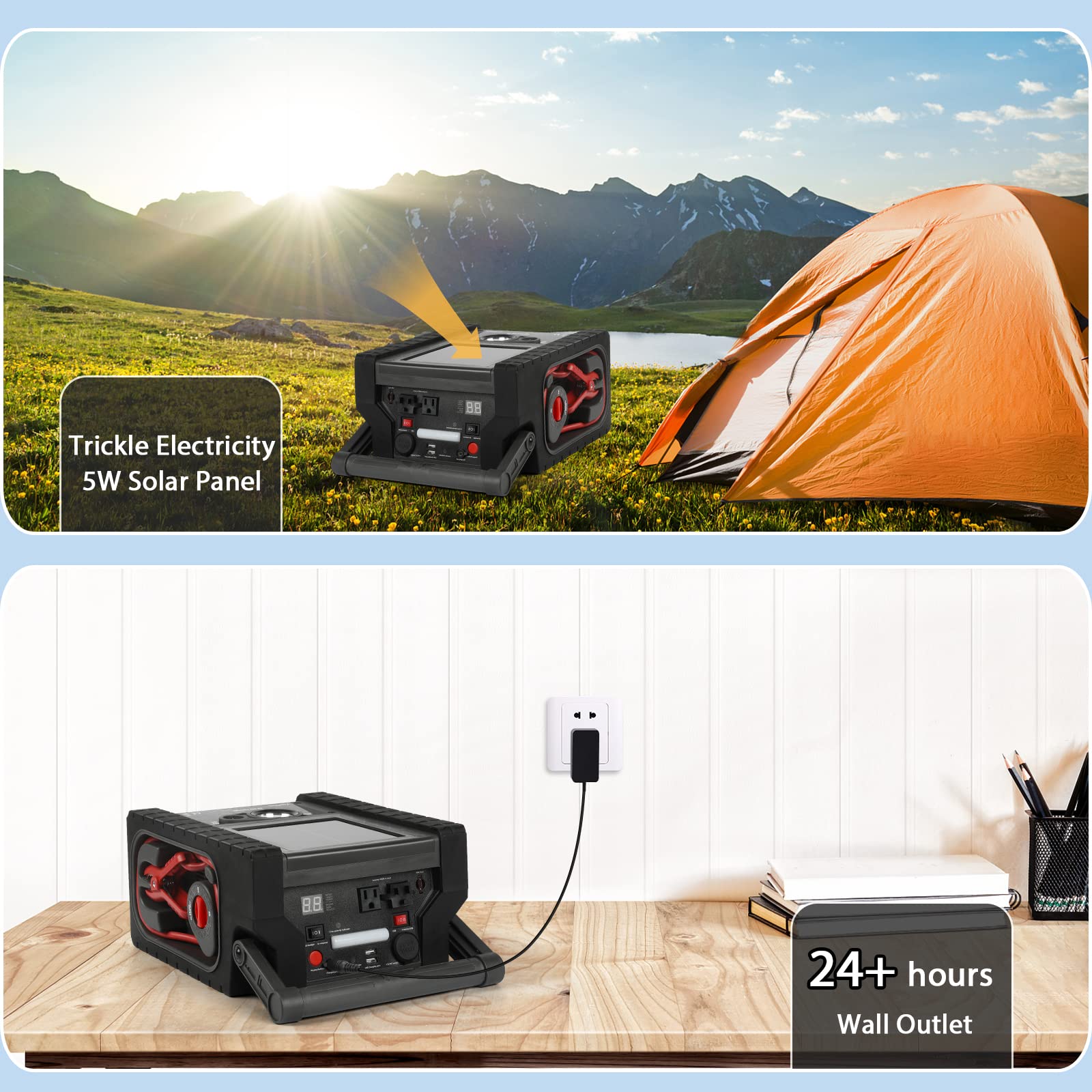 ZunDian ZD-529 Solar Portable Power Station 2000 Amps Jump Starter, 260 PSI Air Compressor, 12V Car Battery Charger with 400W Inverter Dual AC/DC/USB Output, Emergency Backup Power with Flashlights