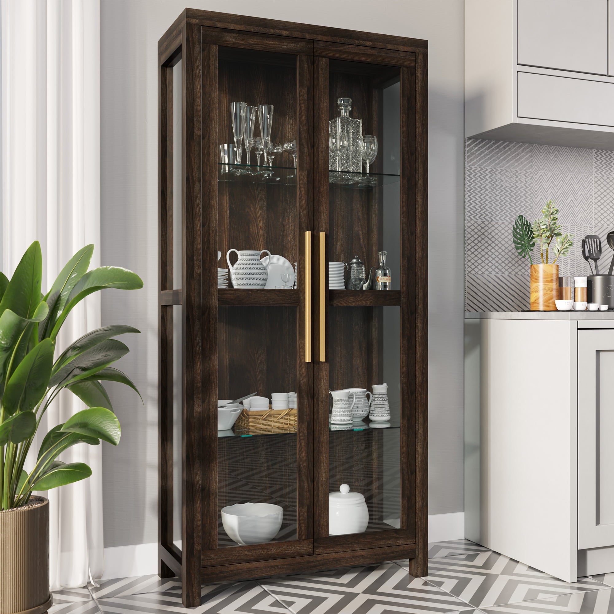 BELLEZE Storage Cabinet Tall Bookshelf or Display Cabinet For Living Room Bedroom Curio Cabinet with Tempered Glass Doors Trophy Display Case Storage/Organization Avalon Dark Walnut