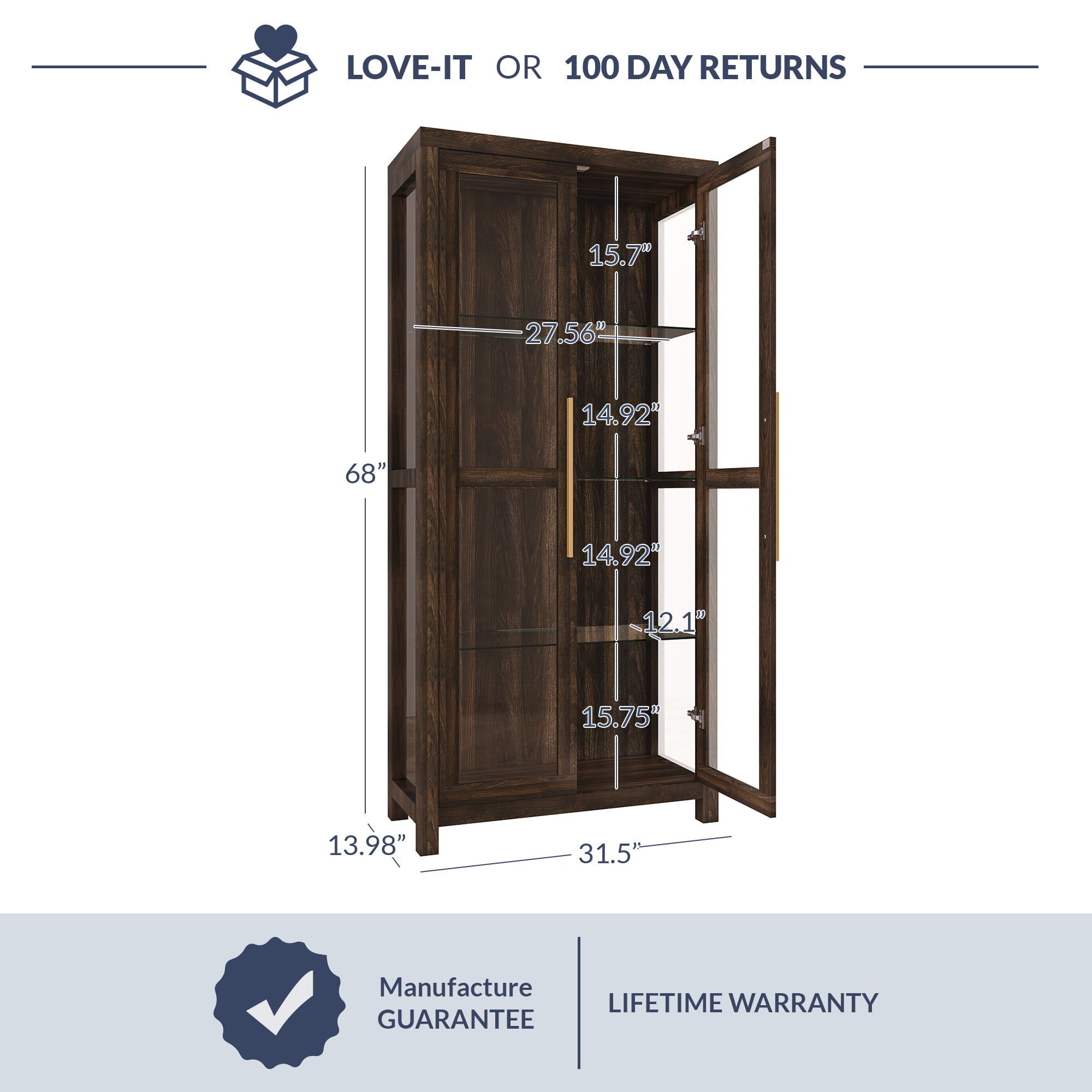 BELLEZE Storage Cabinet Tall Bookshelf or Display Cabinet For Living Room Bedroom Curio Cabinet with Tempered Glass Doors Trophy Display Case Storage/Organization Avalon Dark Walnut