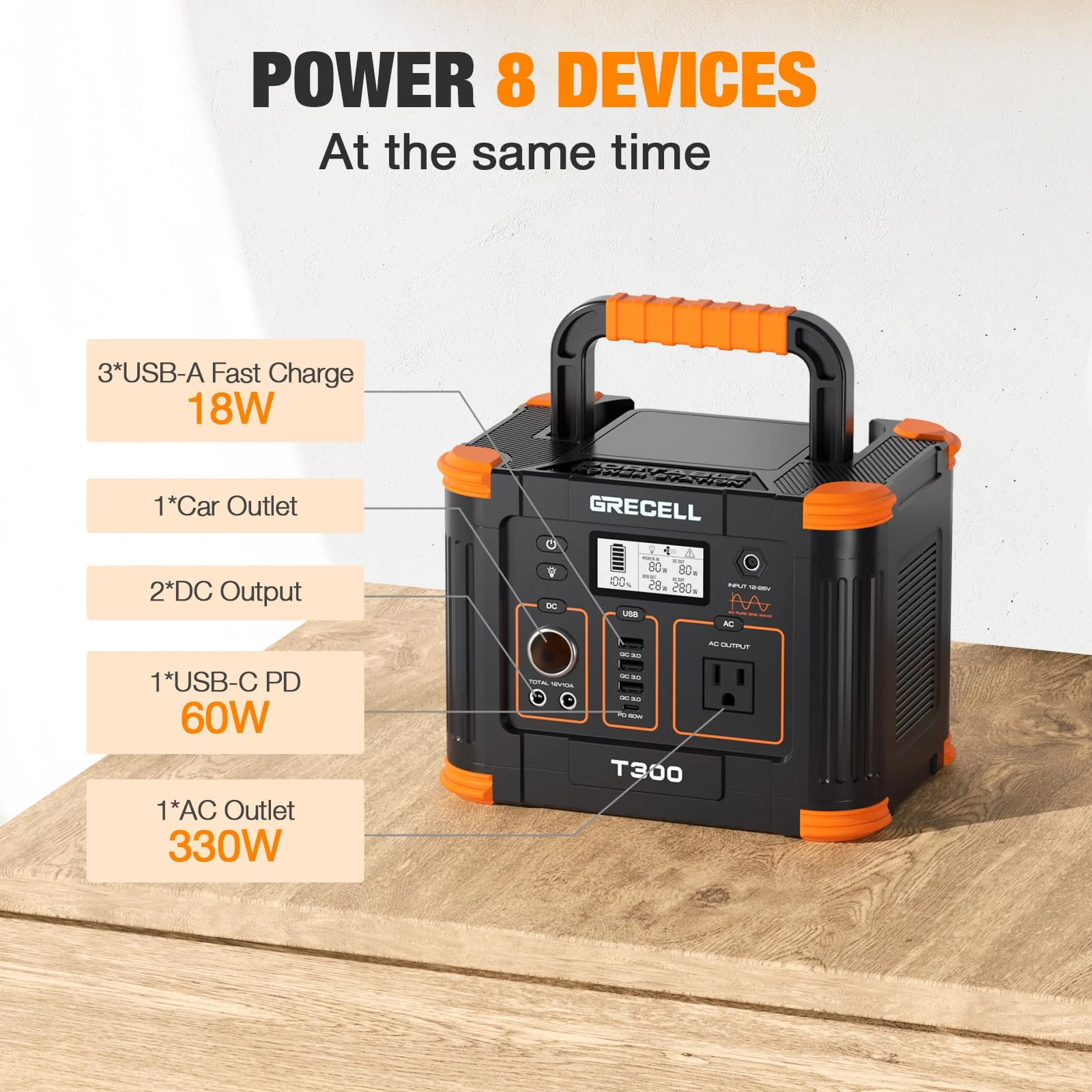 Portable Power Station 300W GRECELL 288Wh Solar Generator